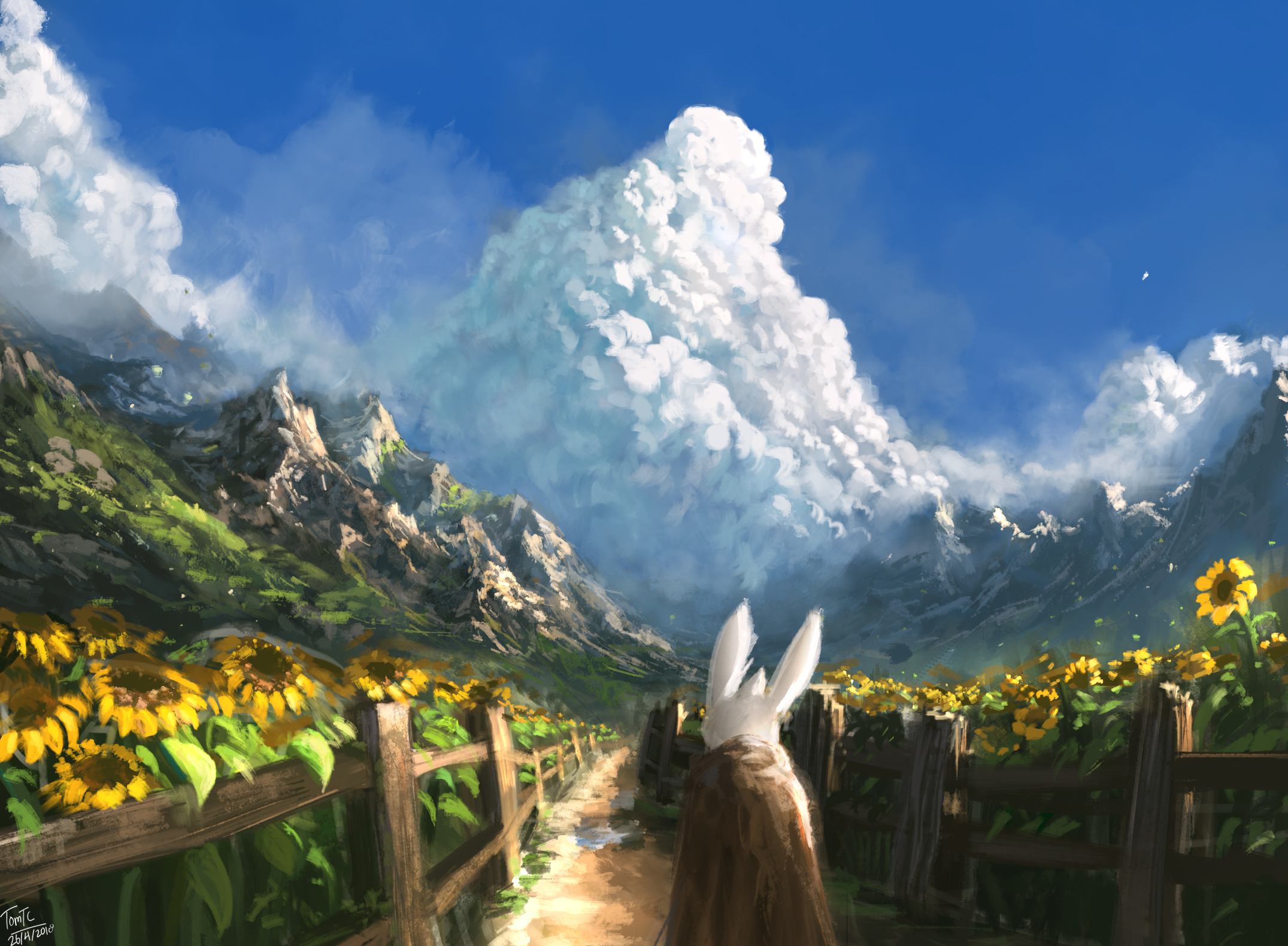 Free download wallpaper Fantasy, Field, Path, Animal, Cloud, Sunflower, Rabbit, Fantasy Animals on your PC desktop