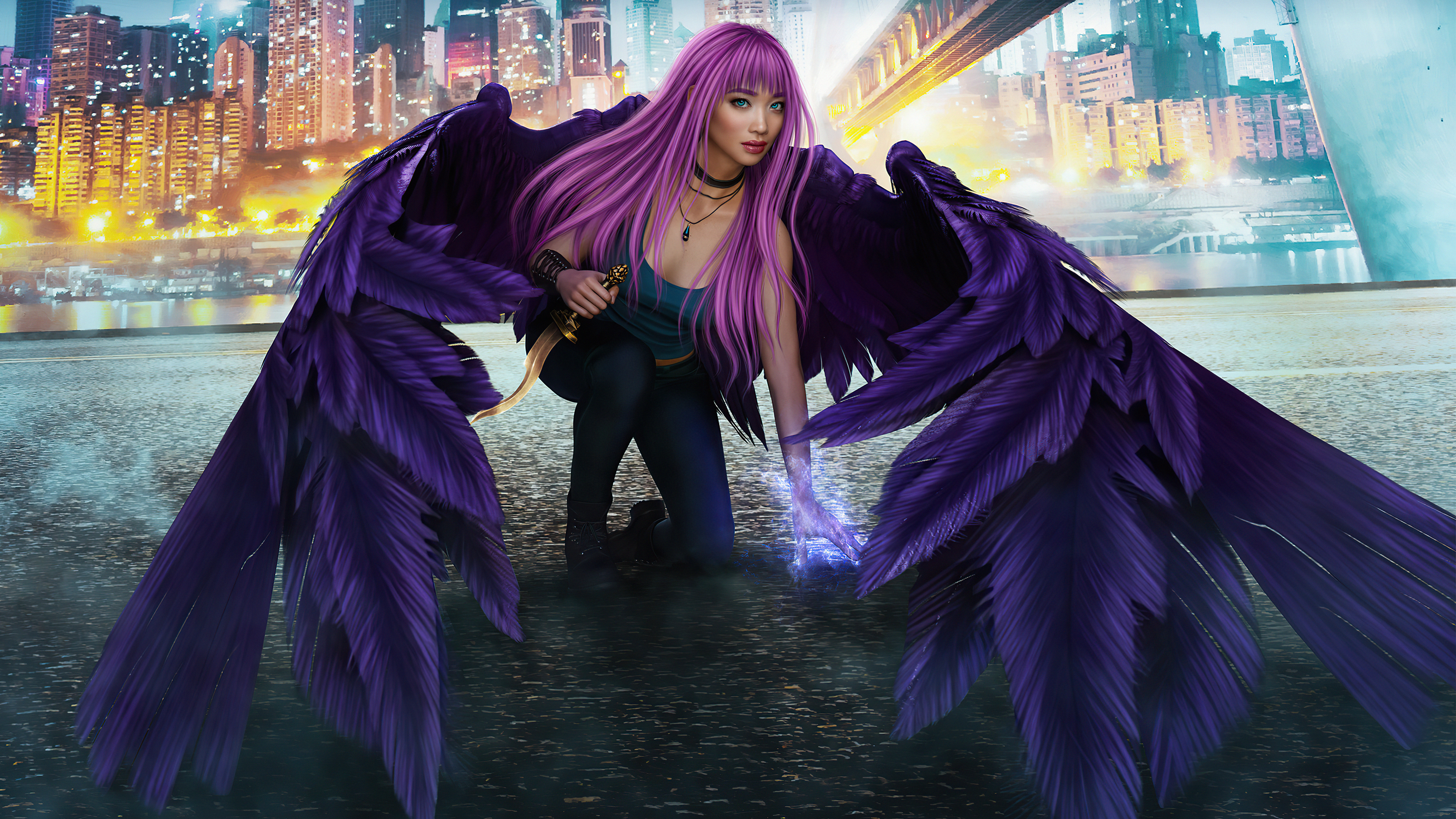 Download mobile wallpaper Fantasy, Wings, Angel, Knife, Pink Hair, Long Hair for free.