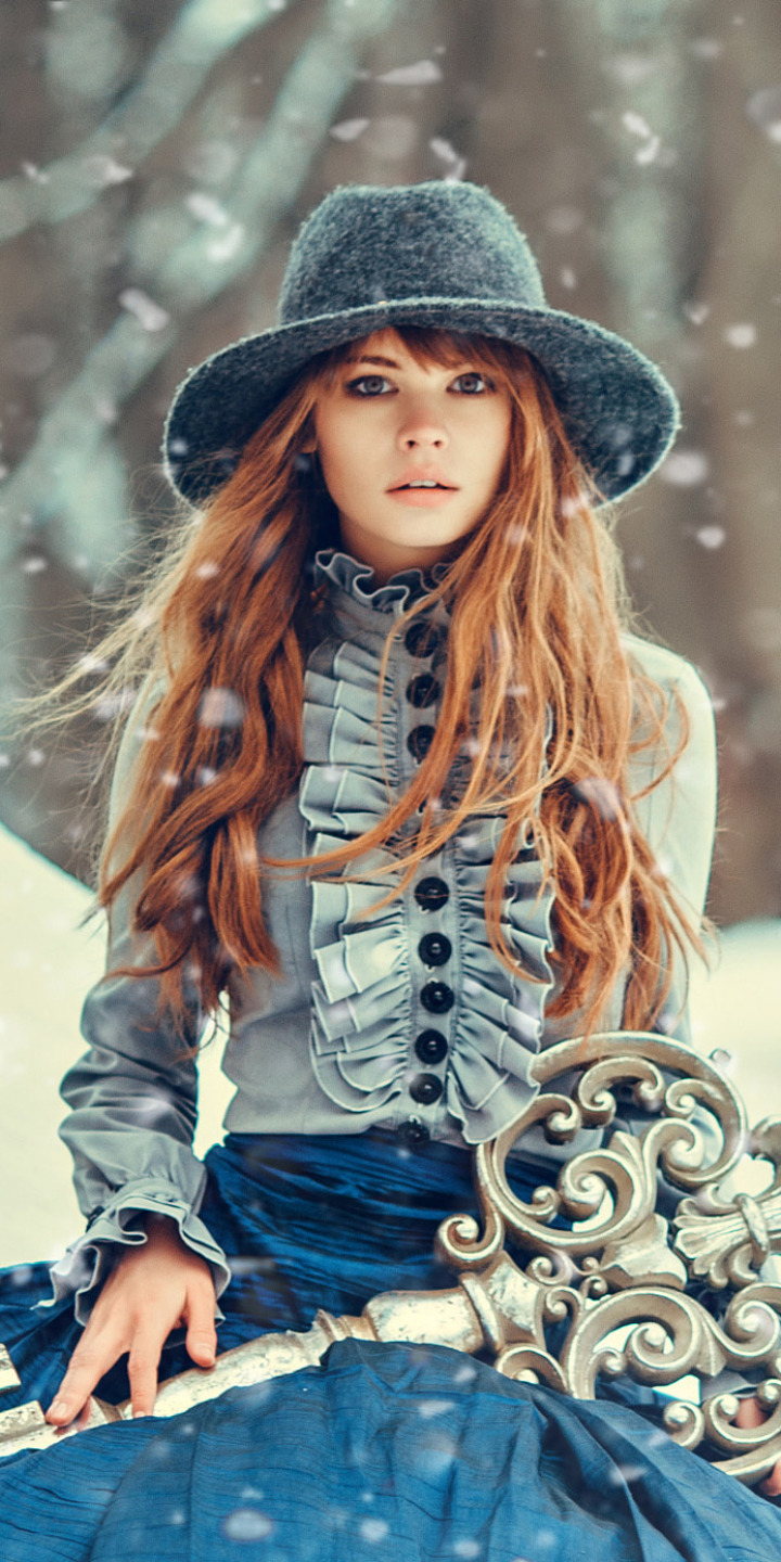 Download mobile wallpaper Winter, Redhead, Hat, Dress, Key, Model, Women, Snowfall, Anastasiya Scheglova for free.