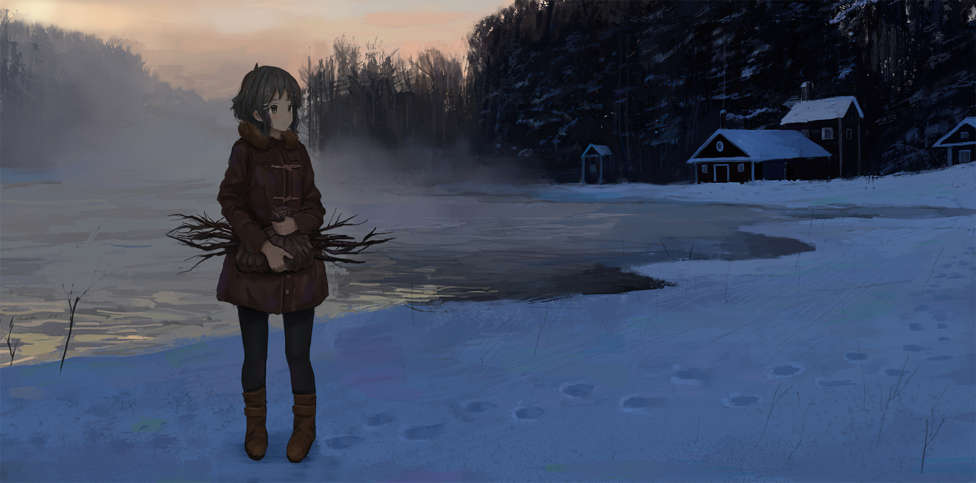 Download mobile wallpaper Anime, Snow, Lake, Forest, House, Original, Short Hair for free.