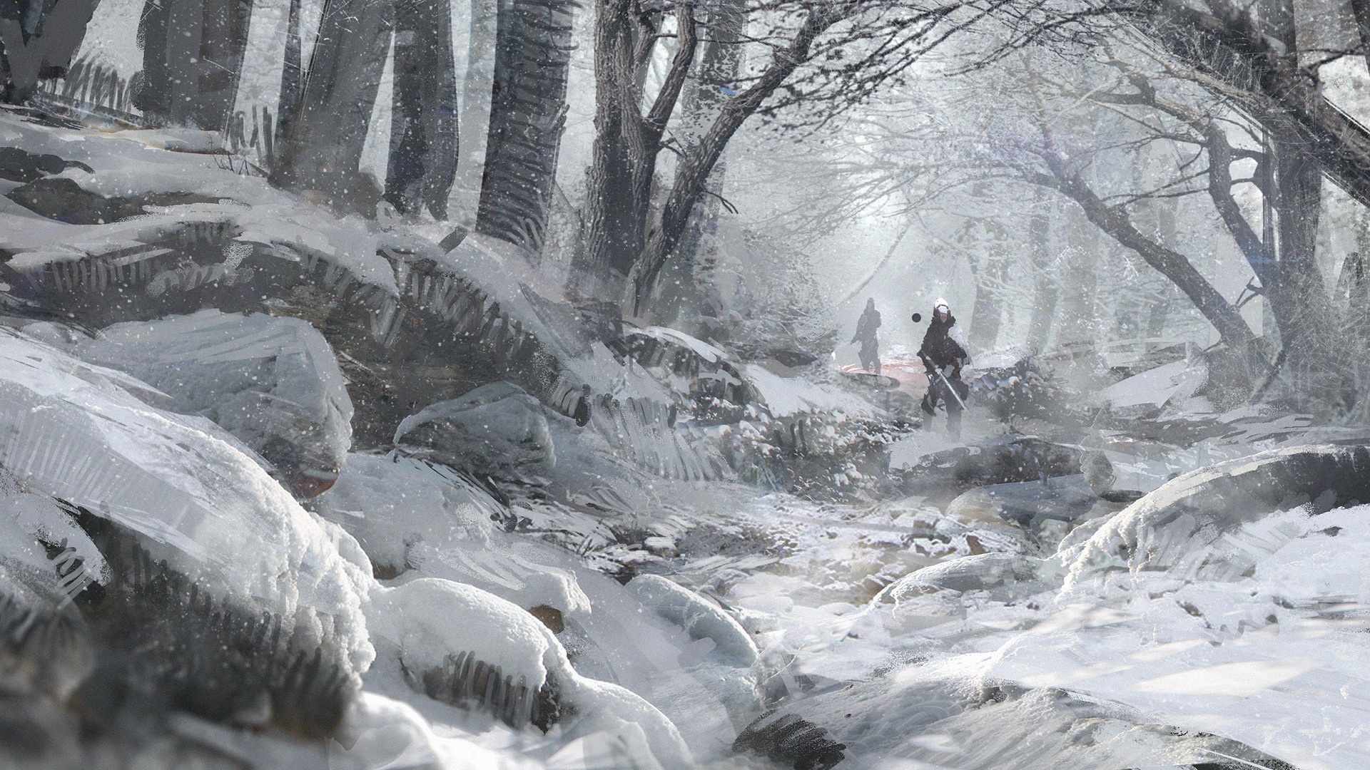 Laden Sie das Winter, Schnee, Wald, Krieger, Science Fiction, Schneefall-Bild kostenlos auf Ihren PC-Desktop herunter