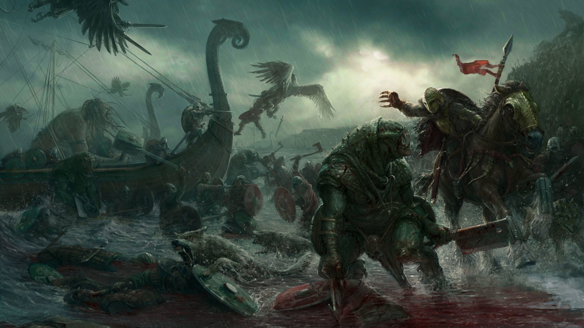 fantasy, battle, creature, drakkar, viking, warrior