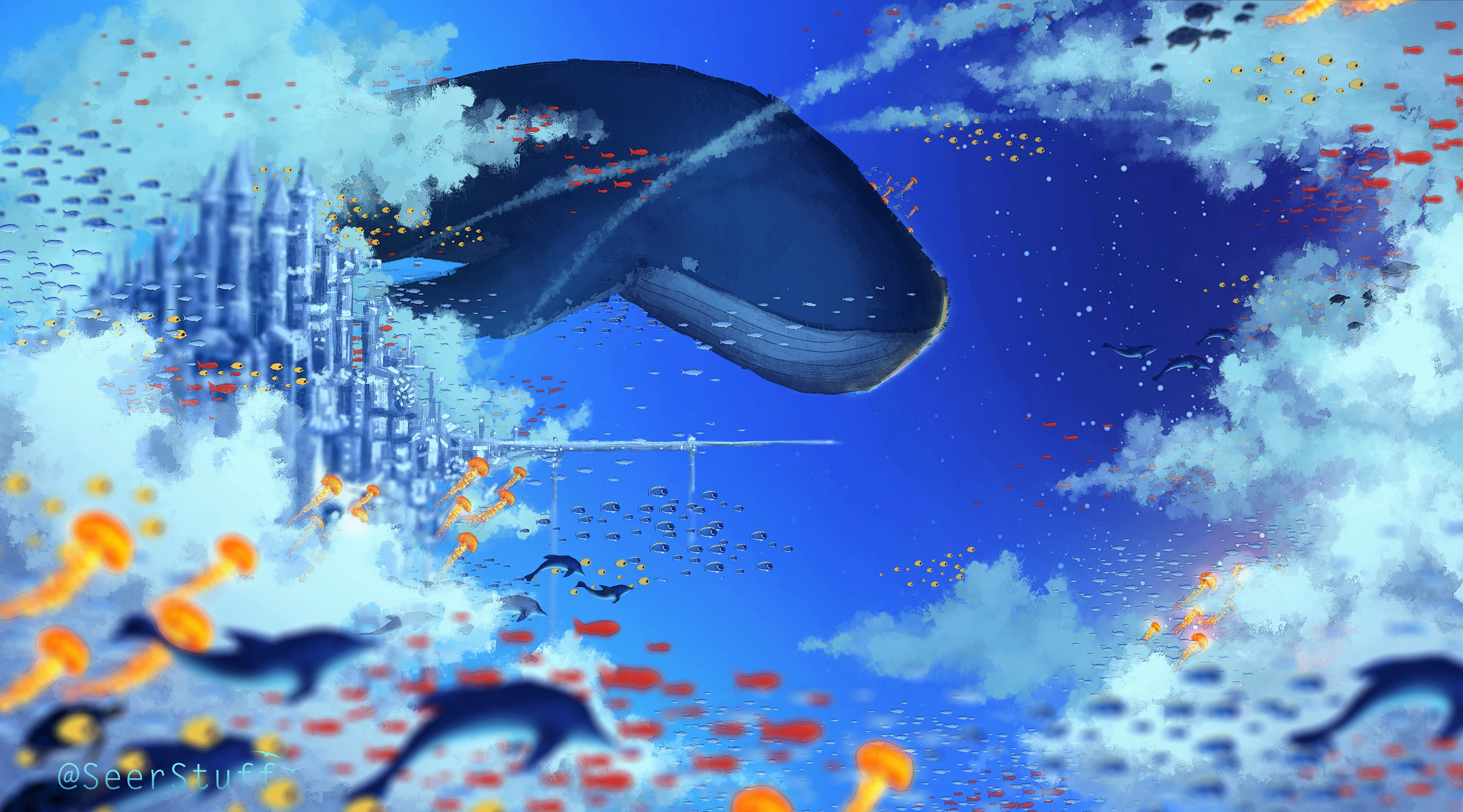 Free download wallpaper Fantasy, Sky, City, Cloud, Fish, Whale, Fantasy Animals on your PC desktop