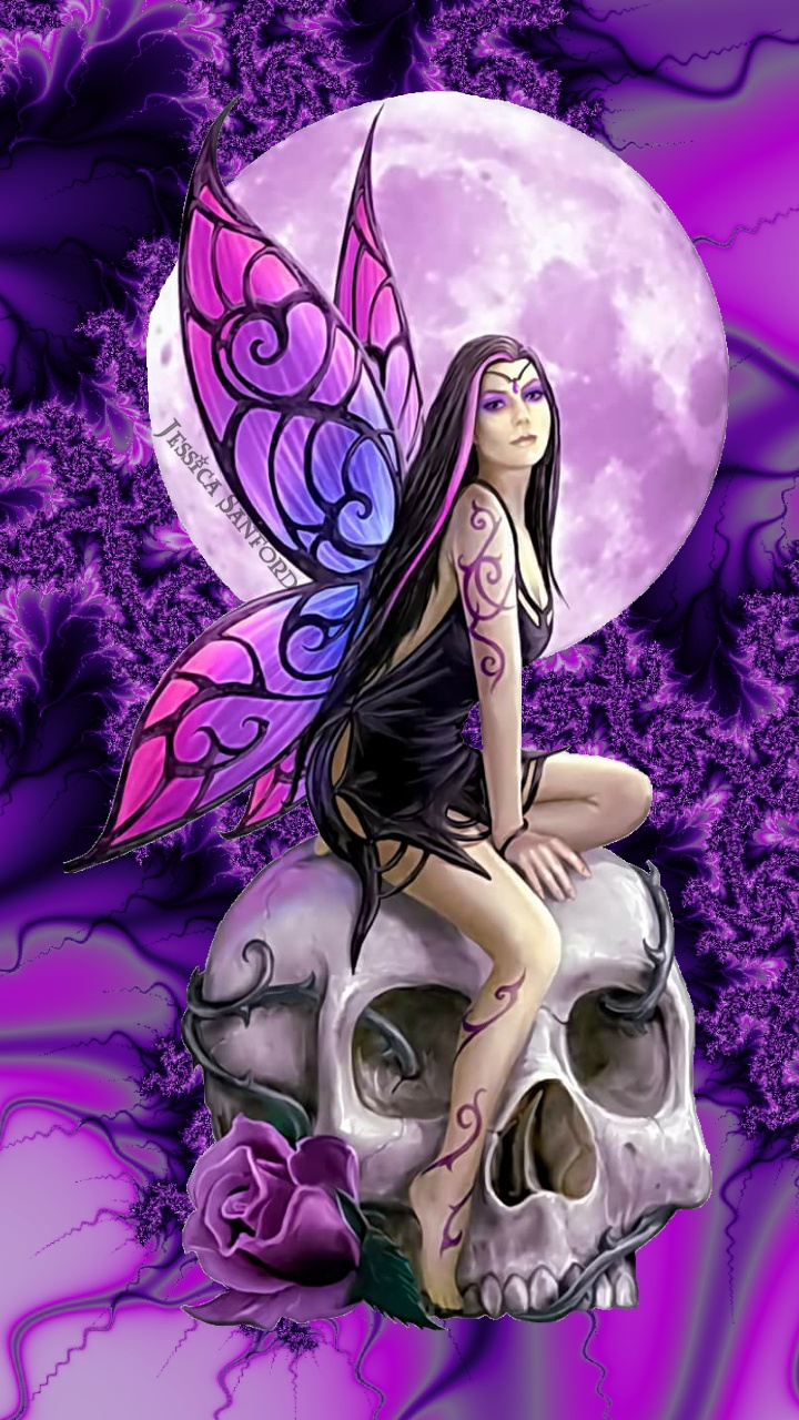 無料モバイル壁紙ファンタジー, ゴシック, 紫の, 翼, 満月, 妖精をダウンロードします。