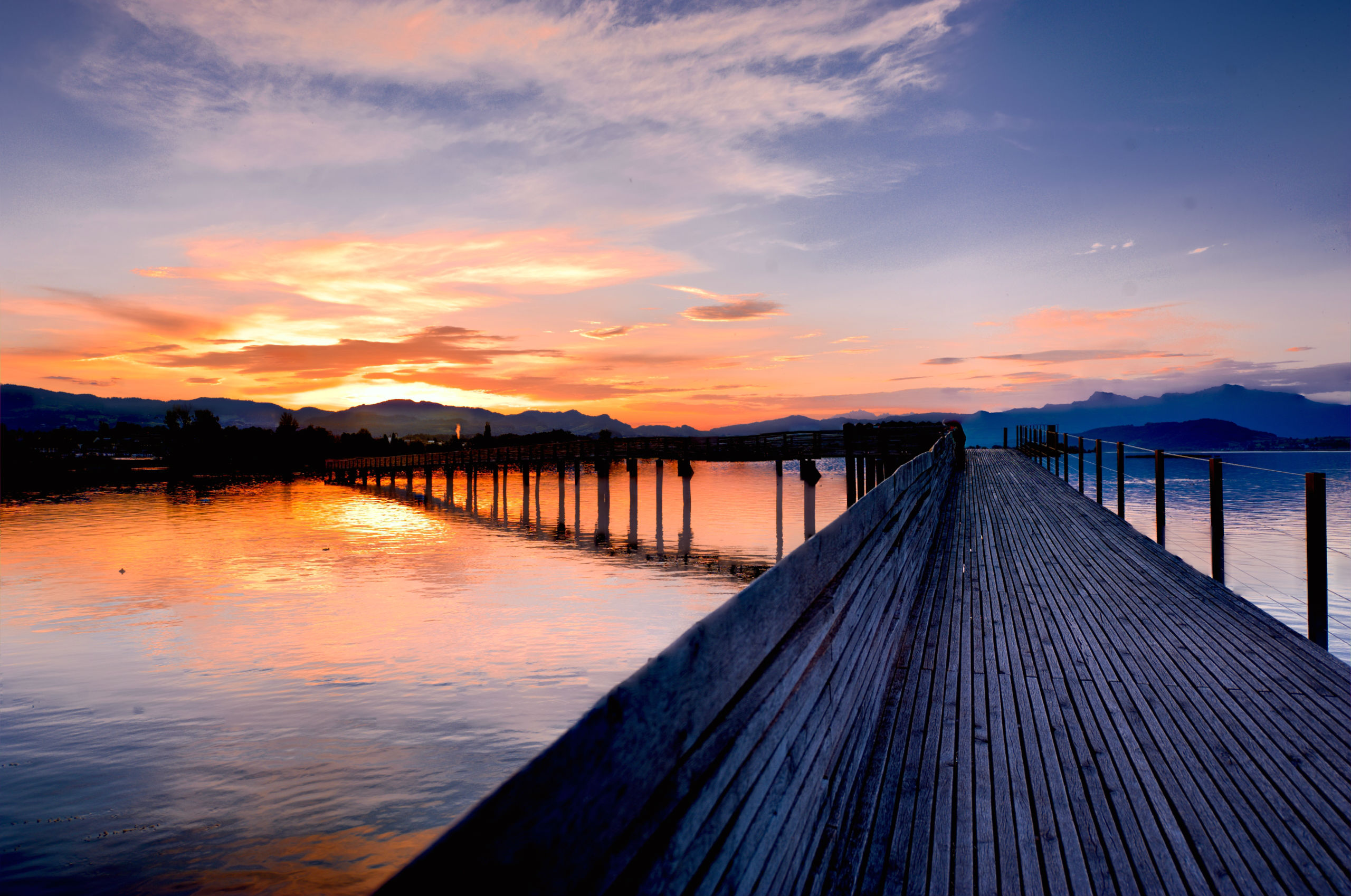 man made, pier, dock, lake, sunset