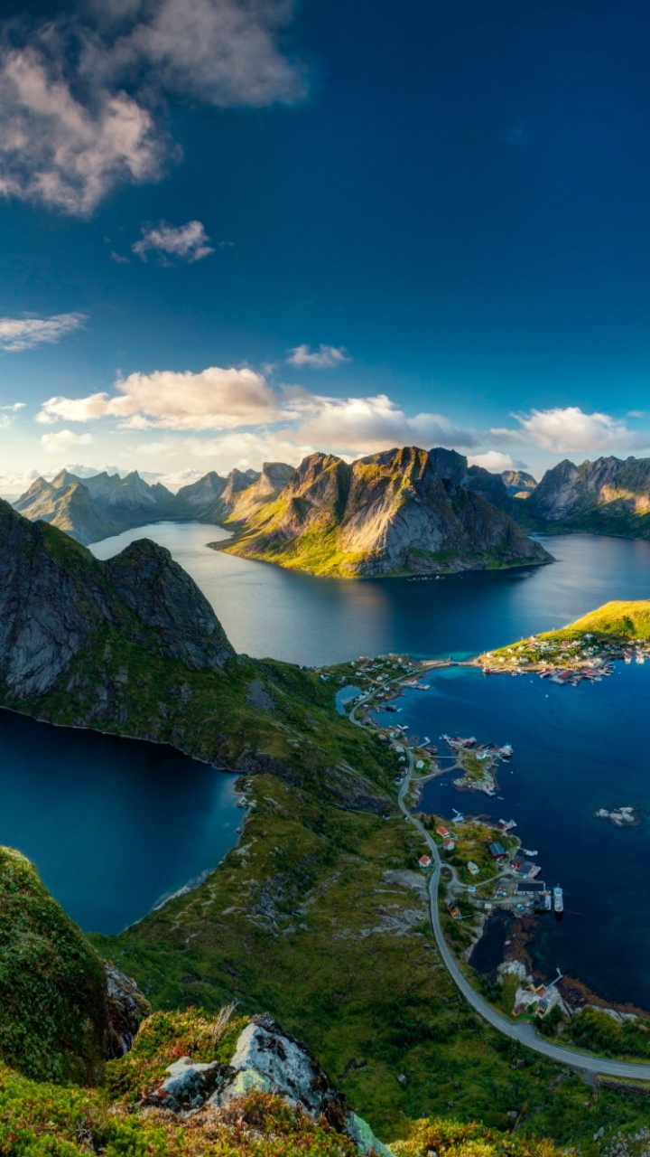 無料モバイル壁紙風景, 海岸, 海洋, 地球, 村, ノルウェー, 小島, 写真撮影, フィヨルド, ロフォーテン諸島, クラウド, 海景をダウンロードします。