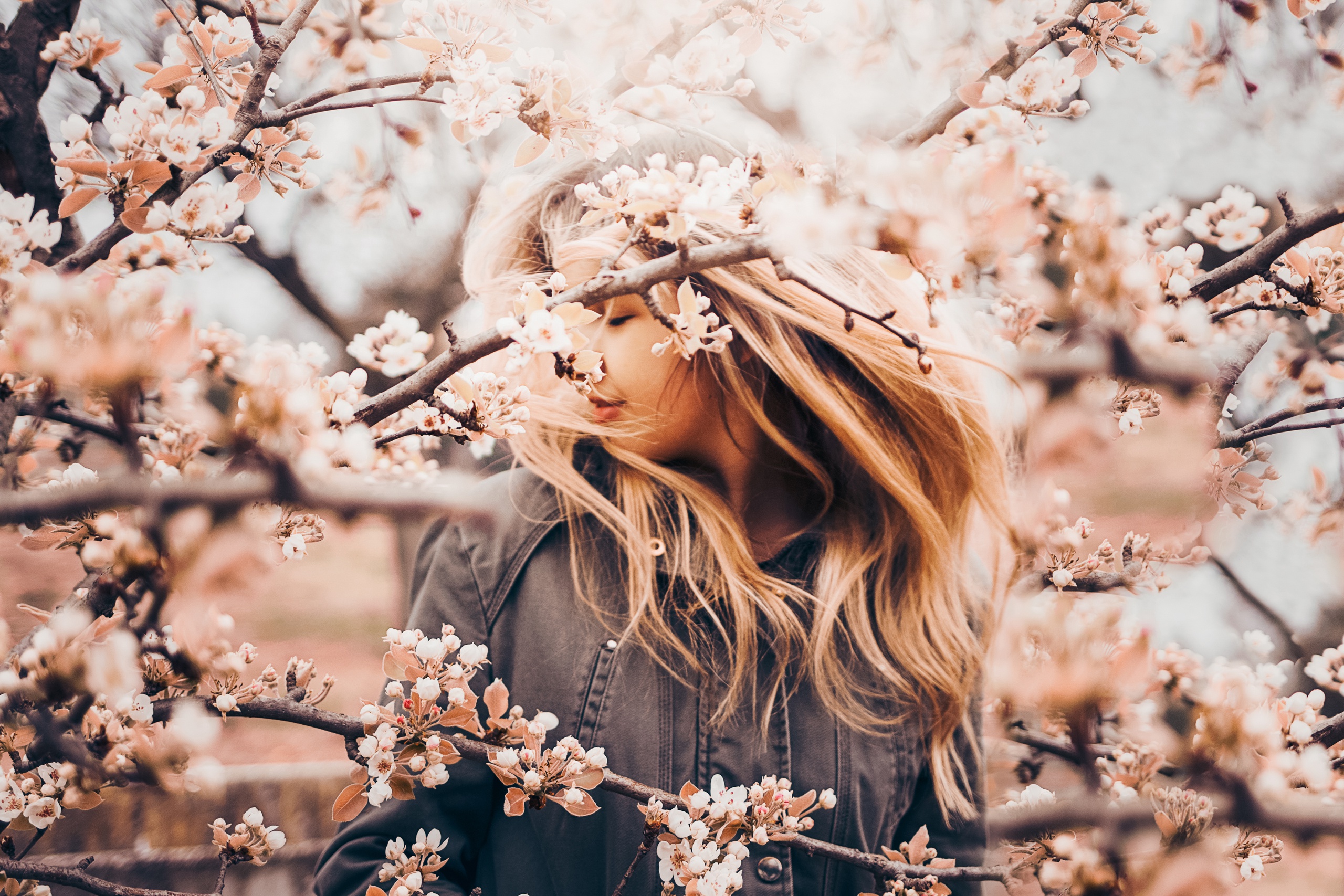 Free download wallpaper Flower, Branch, Spring, Mood, Blonde, Model, Women, Blossom on your PC desktop