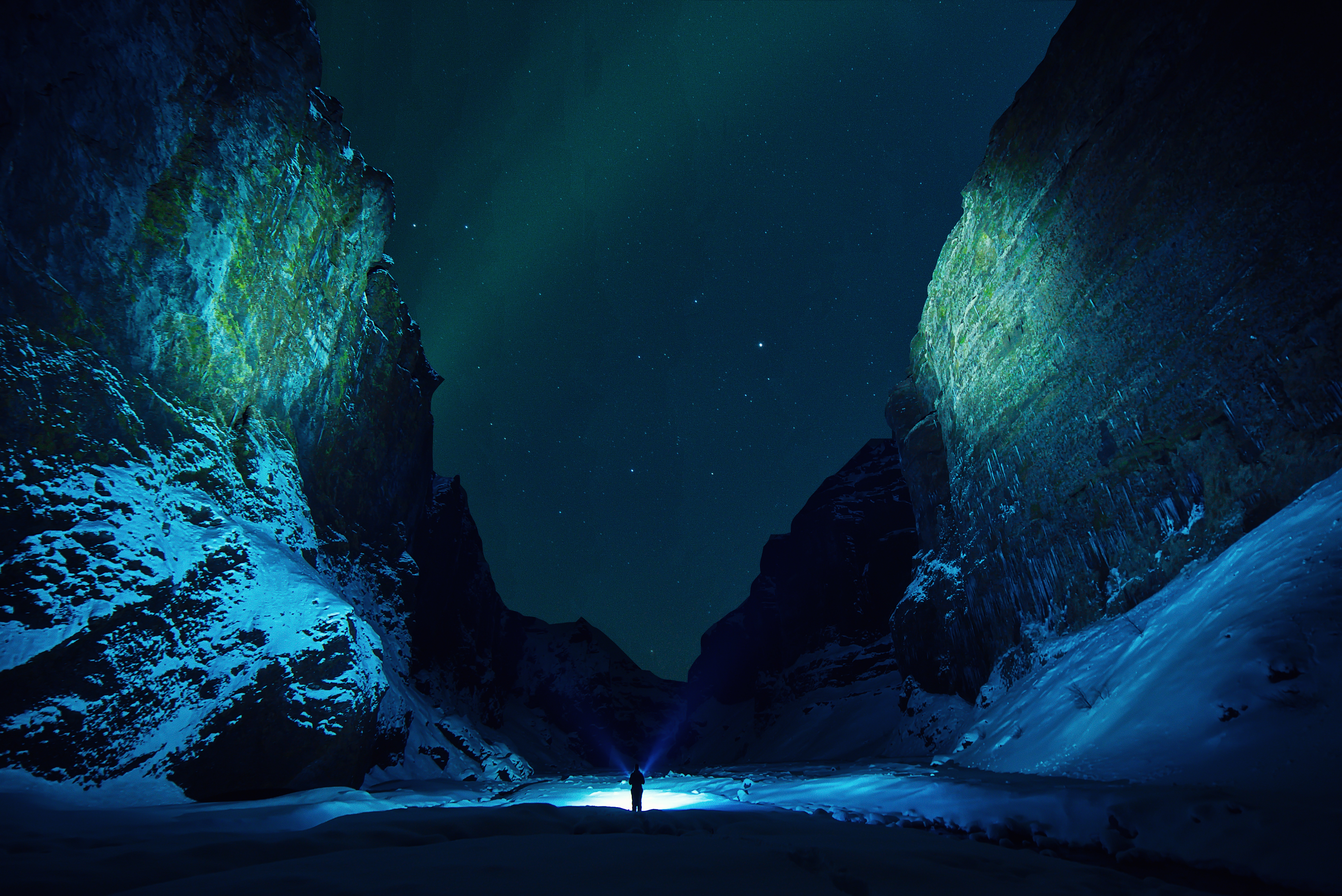 snow, nature, mountains, ice, night, starry sky, ice floes