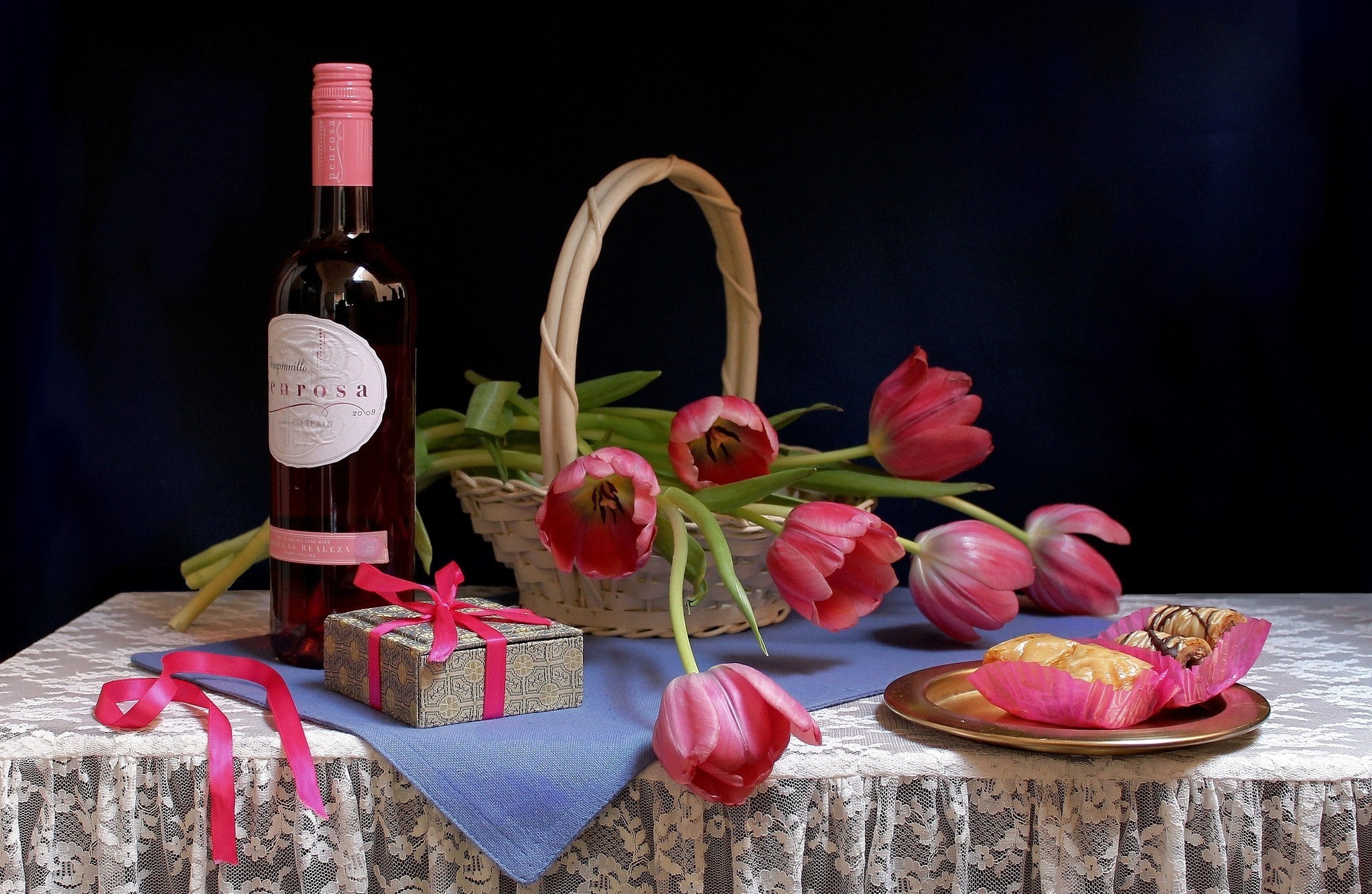 Download mobile wallpaper Still Life, Tulip, Sweets, Photography, Wine for free.