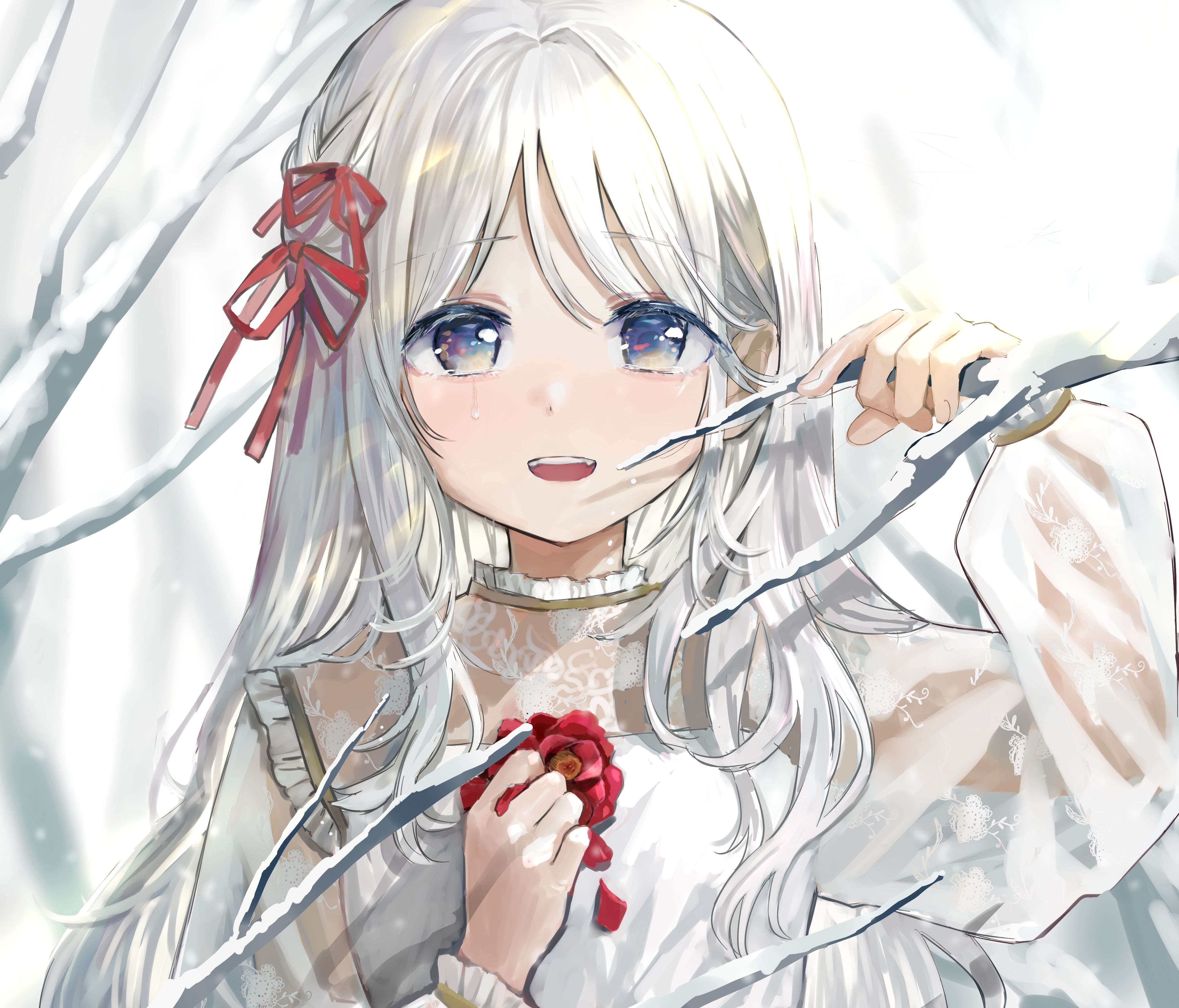 Download mobile wallpaper Anime, Snow, Flower, Blue Eyes, Tears, Original, White Hair for free.