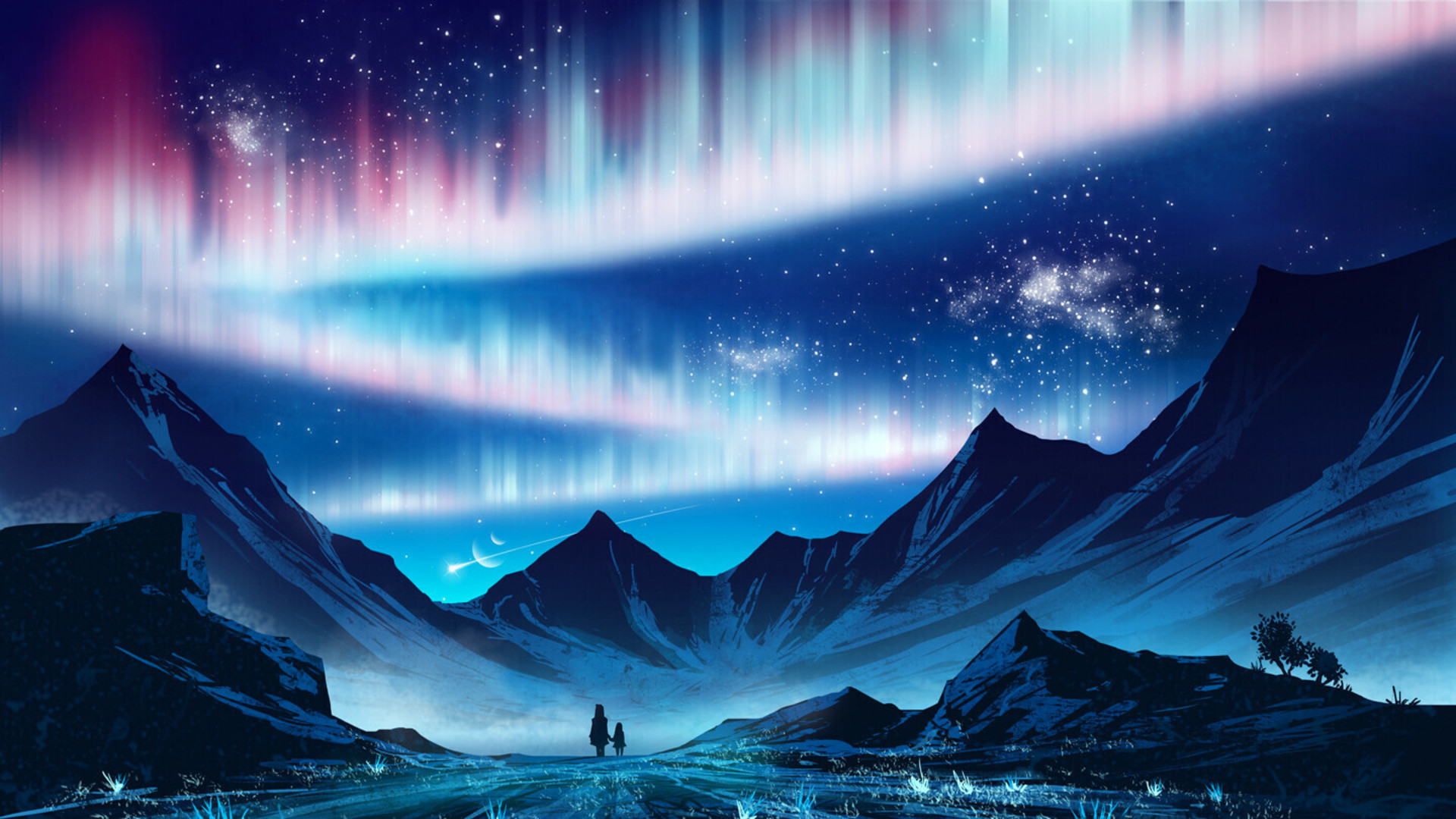 Download mobile wallpaper Landscape, Sky, Mountain, Aurora Borealis, Sci Fi for free.