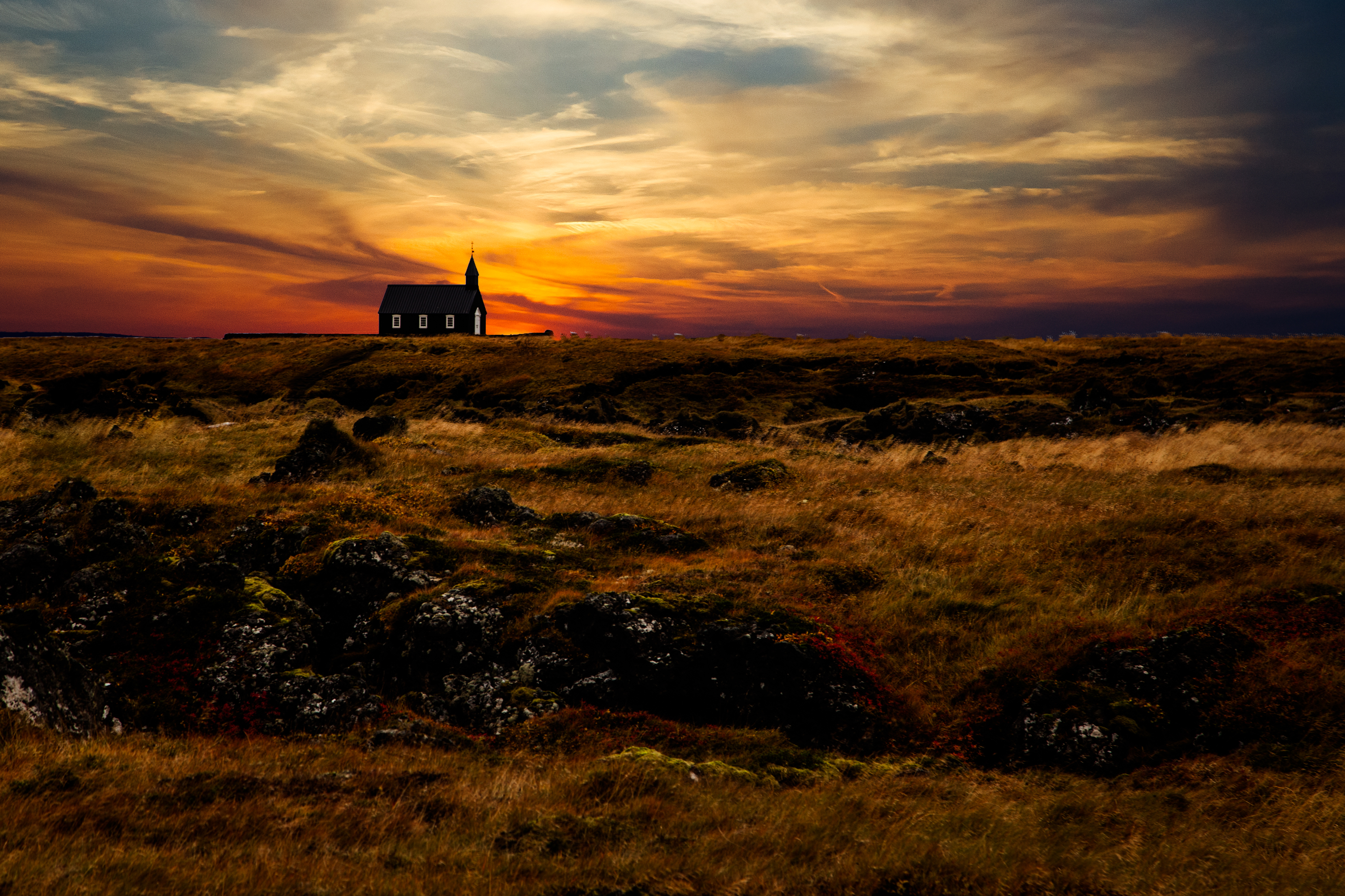 Free download wallpaper Iceland, Grass, Sky, Nature, Horizon, Temple, Church, Sunset on your PC desktop