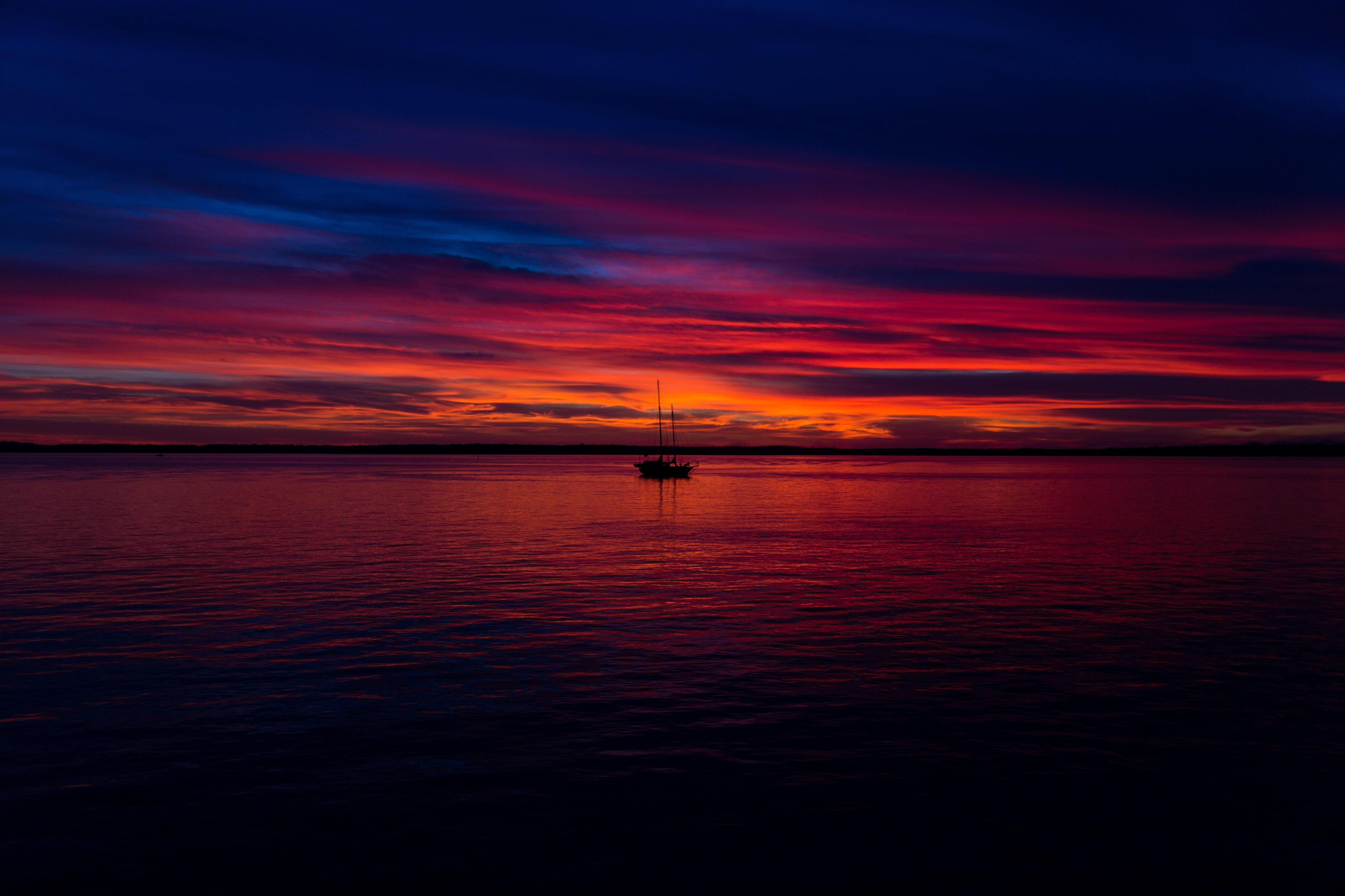Download mobile wallpaper Horizon, Nature, Sunset, Ocean, Sea, Boat for free.