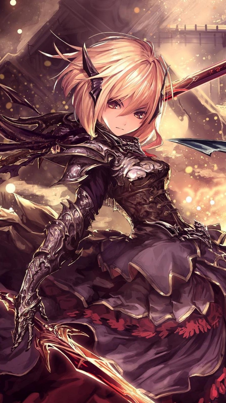 Download mobile wallpaper Anime, Warrior, Blonde, Armor, Sword, Short Hair, Woman Warrior, Orange Eyes for free.