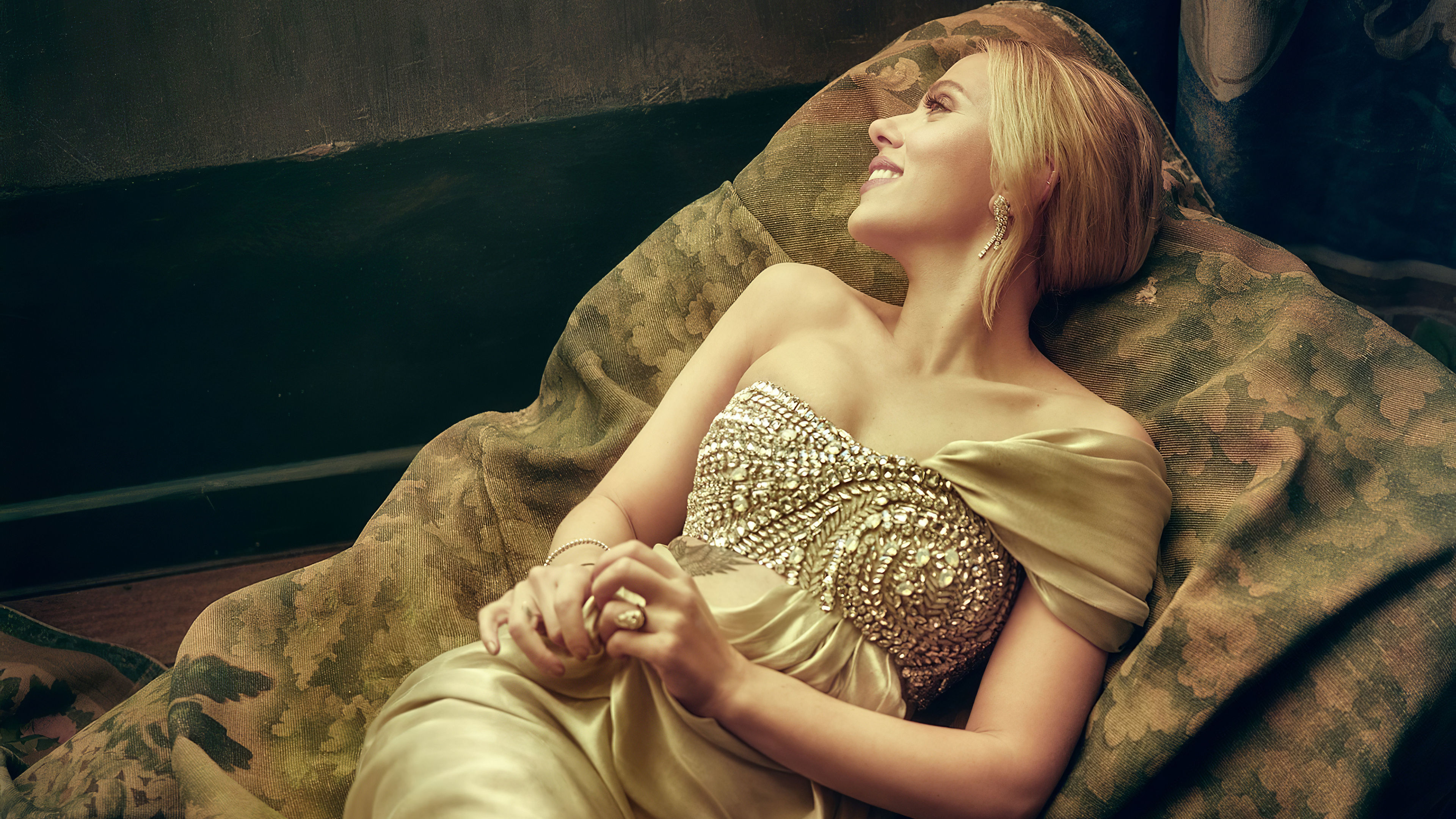 Download mobile wallpaper Scarlett Johansson, Smile, Blonde, Dress, American, Celebrity, Actress, Lying Down for free.
