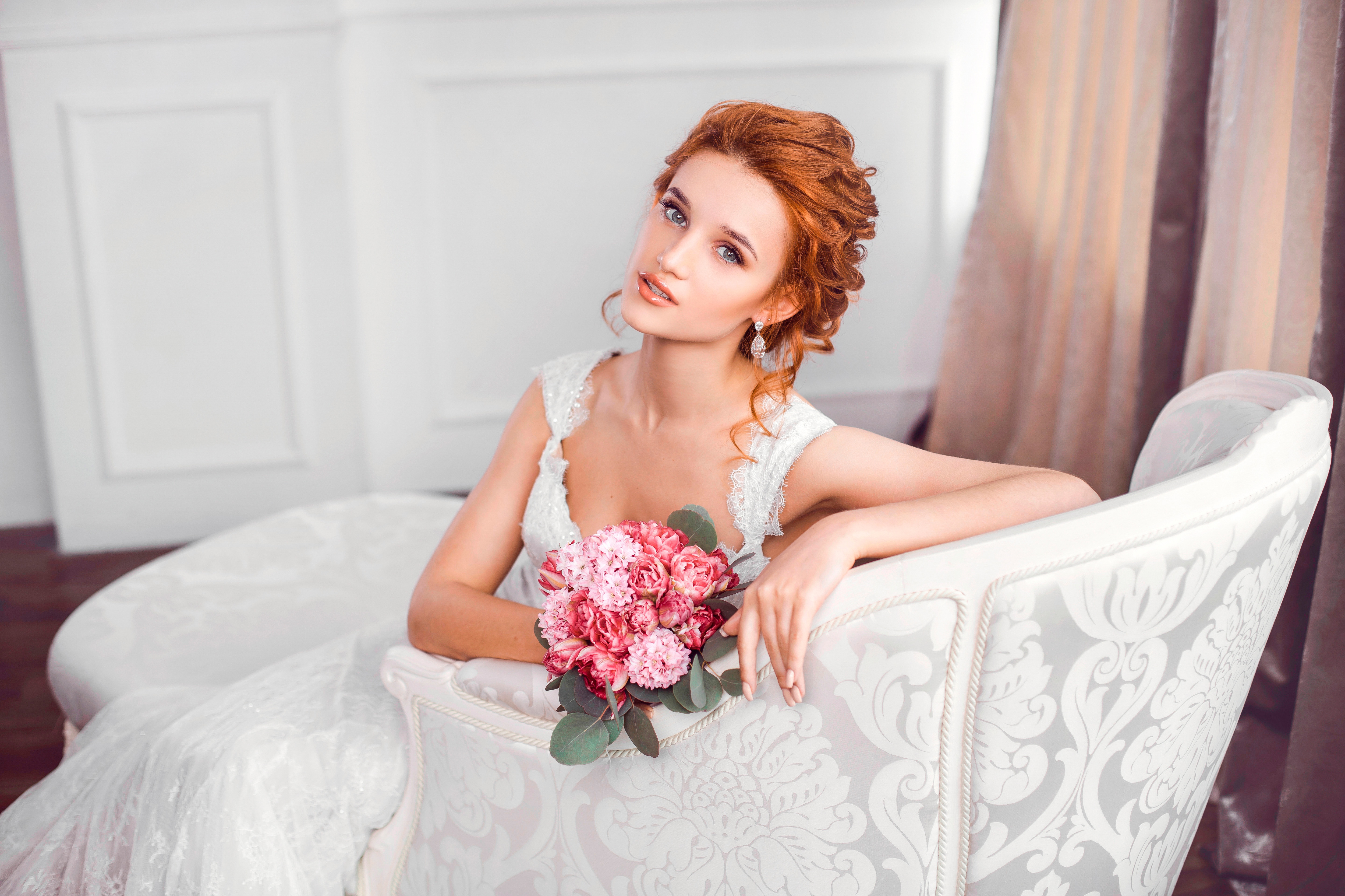 PCデスクトップに花束, 赤毛, 青い目, モデル, 花嫁, 女性, ウェディングドレス, ホワイトドレス画像を無料でダウンロード