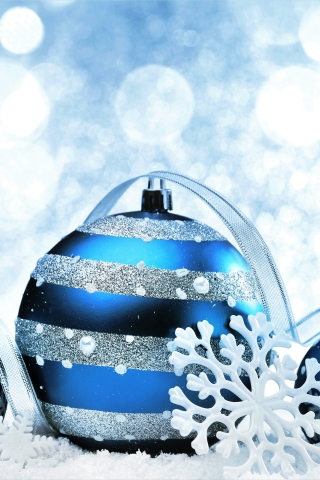無料モバイル壁紙クリスマス, 青い, 銀, スノーフレーク, リボン, クリスマスオーナメント, ホリデーをダウンロードします。