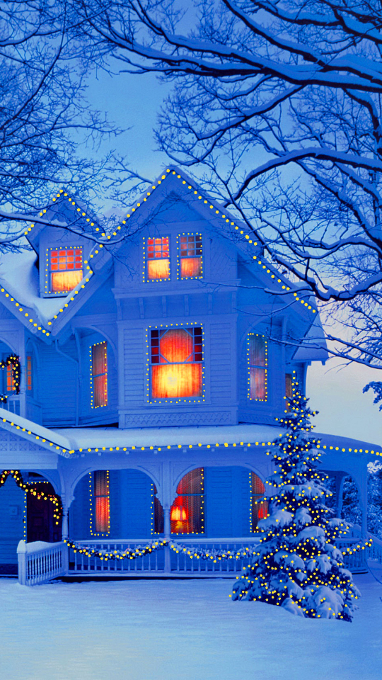 Download mobile wallpaper Winter, Snow, Light, Christmas, Holiday, House, Glow, Christmas Tree for free.