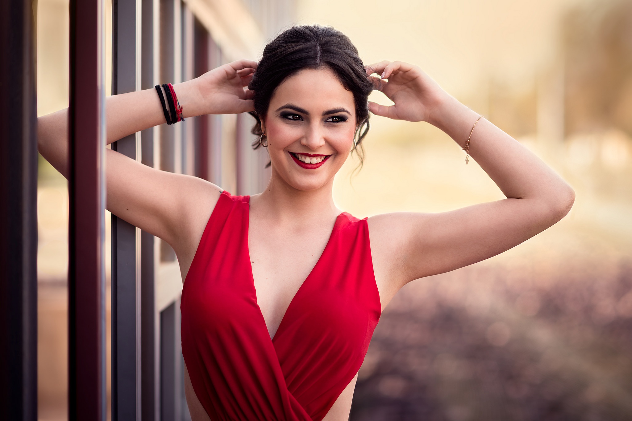 Download mobile wallpaper Smile, Model, Women, Black Hair, Lipstick, Red Dress, Depth Of Field for free.