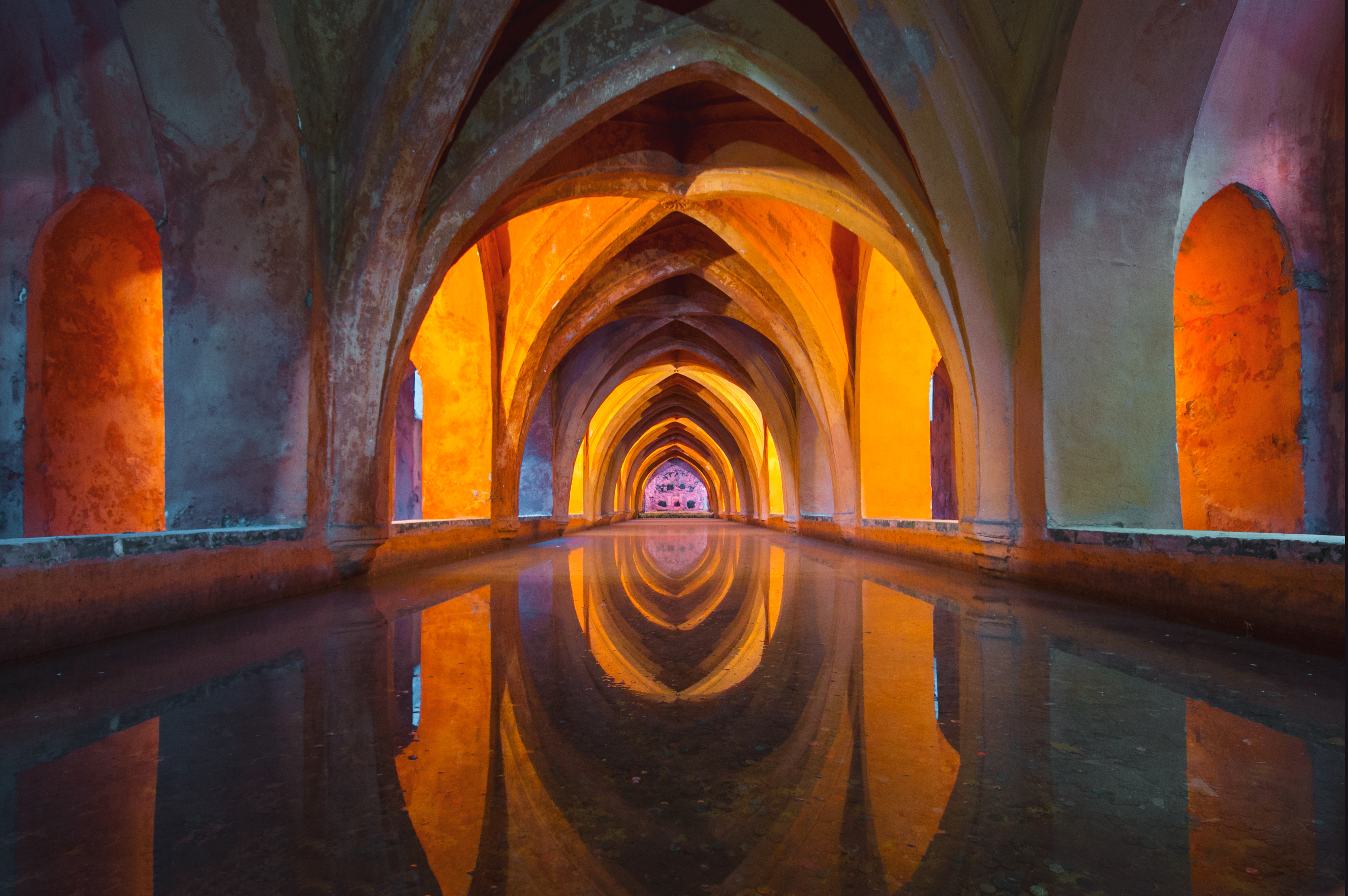 religious, architecture, arch, reflection, seville, water