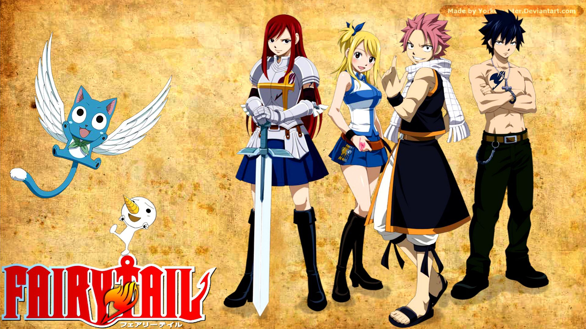 Handy-Wallpaper Animes, Fairy Tail, Lucy Heartfilia, Natsu Dragneel, Erza Scarlet, Grauer Fullbuster, Glücklich (Fairy Tail), Plue (Fairy Tail) kostenlos herunterladen.