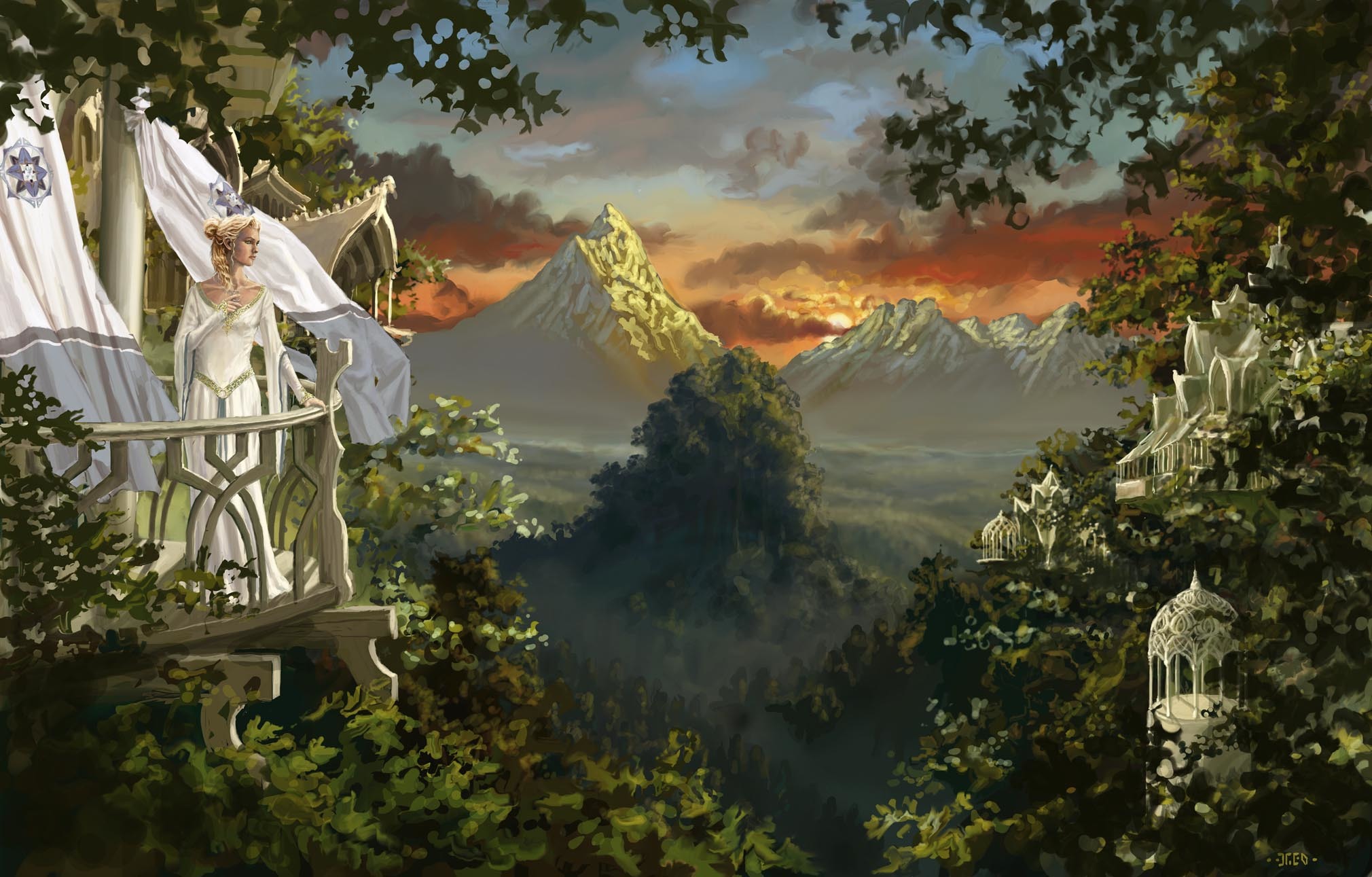 Free download wallpaper Landscape, Fantasy, Mountain, Forest, Blonde, Women, Braid on your PC desktop