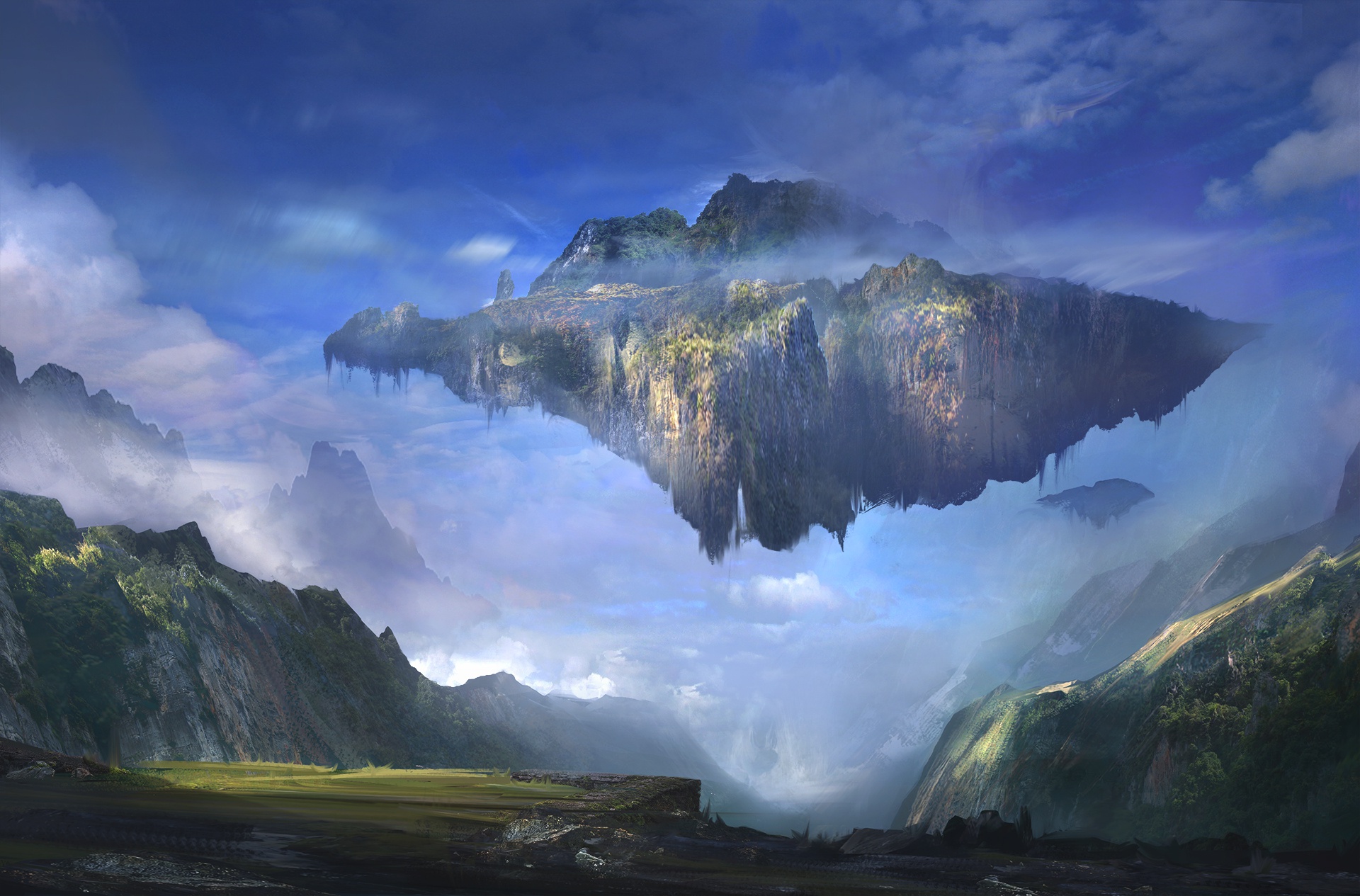 Free download wallpaper Landscape, Fantasy, Mountain, Cloud, Floating Island on your PC desktop