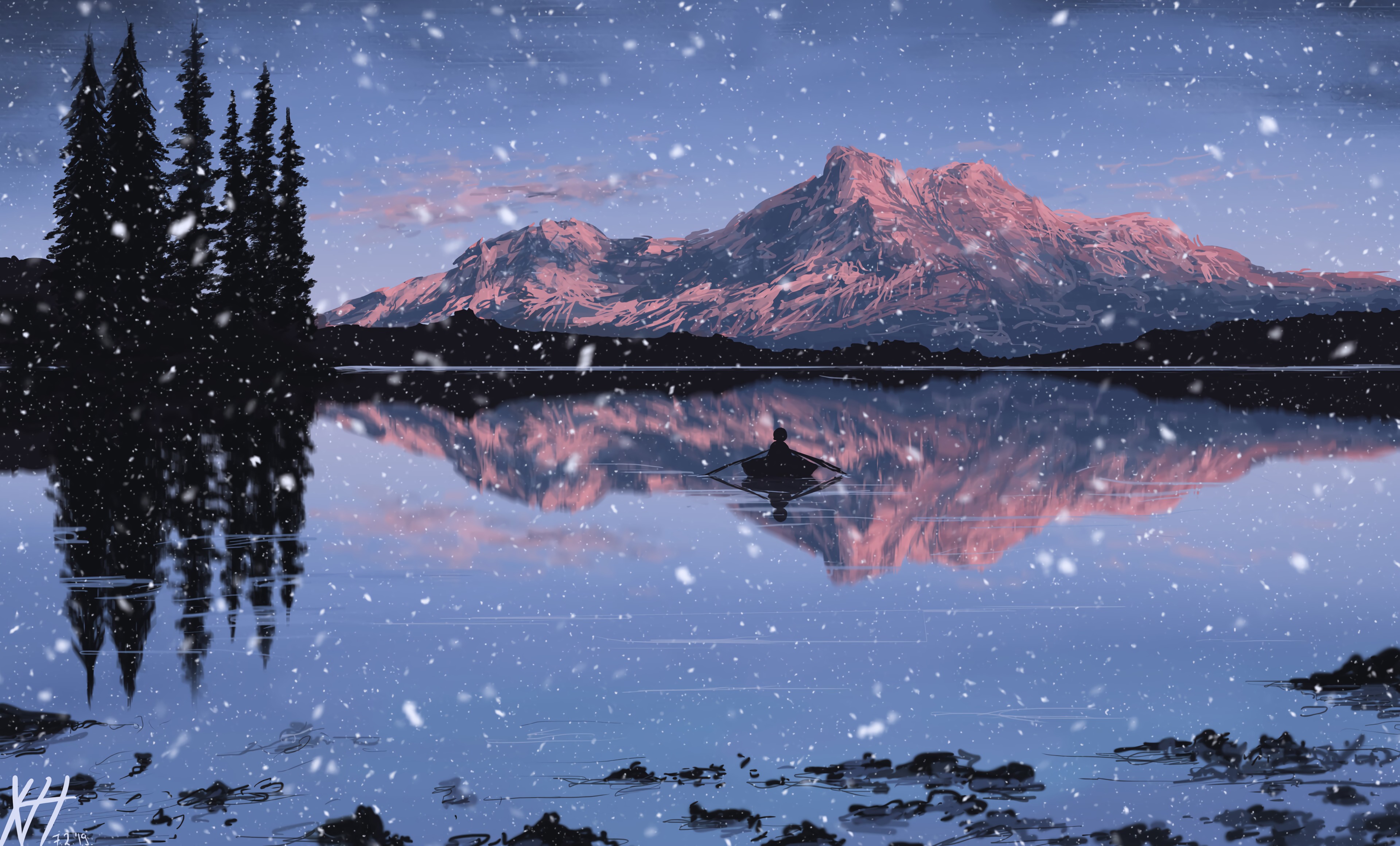 Download mobile wallpaper Reflection, Snow, Dusk, Mountains, Lake, Twilight, Boat, Art for free.