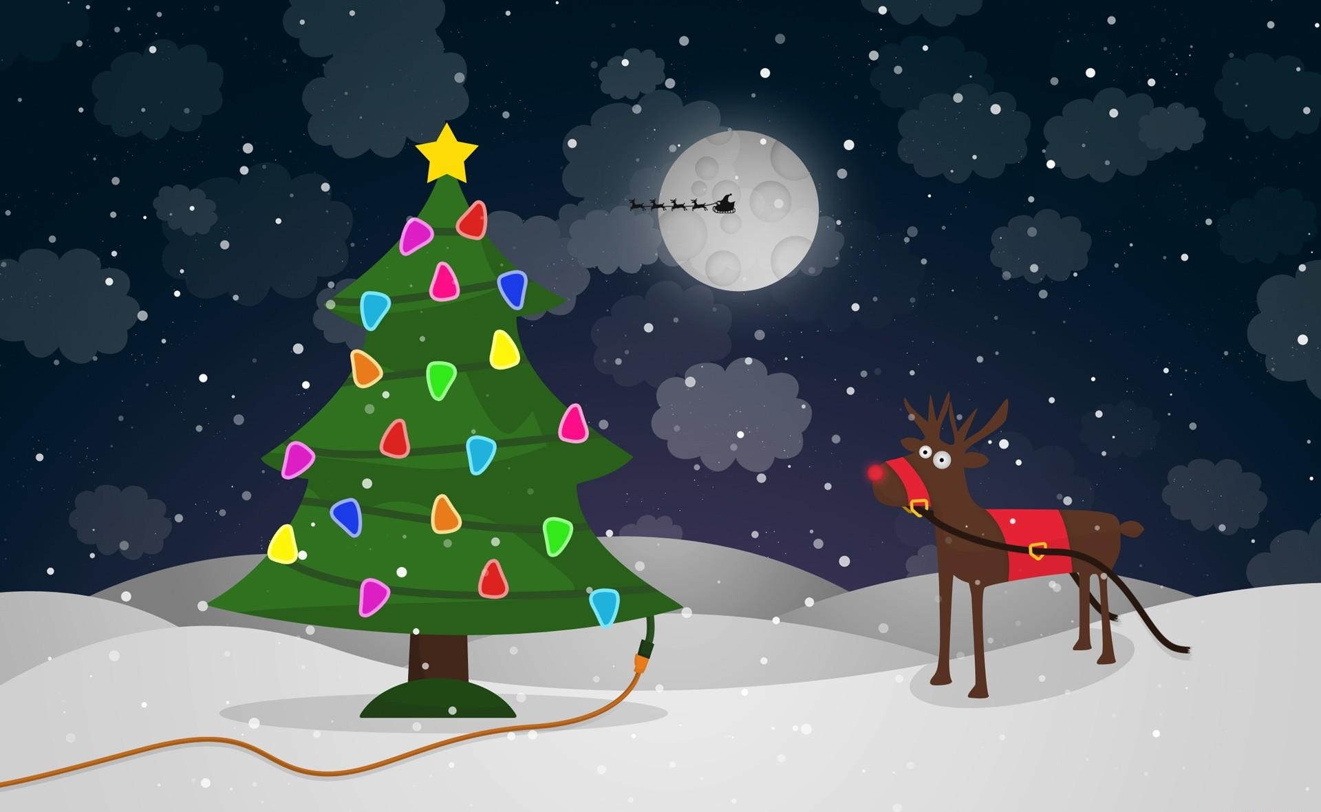 holidays, santa claus, moon, christmas, flight, christmas tree, garland, deer, wire, garlands, sleigh, sledge