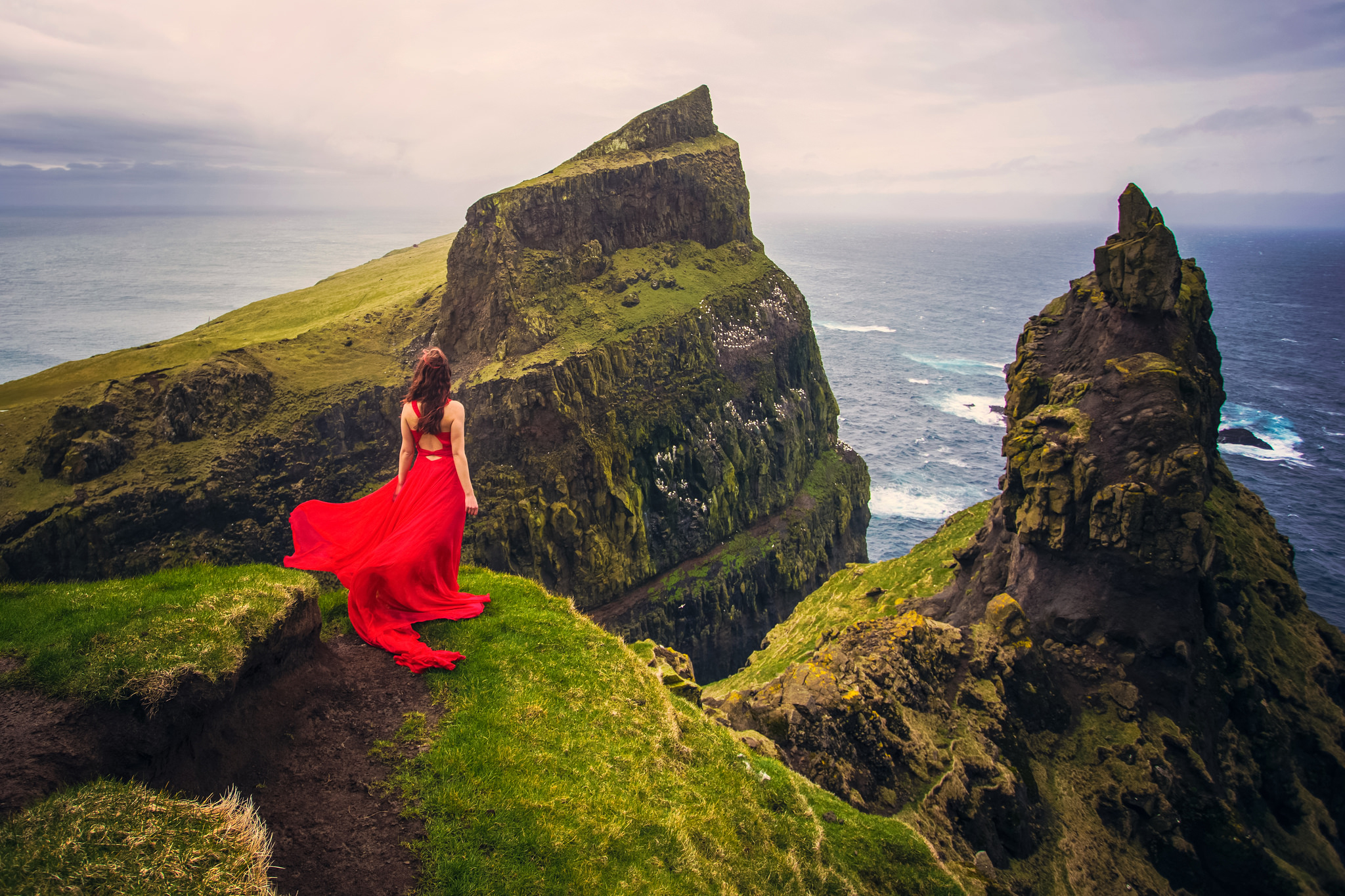 horizon, sea, women, rear, cliff, mountain, ocean, red dress, stone