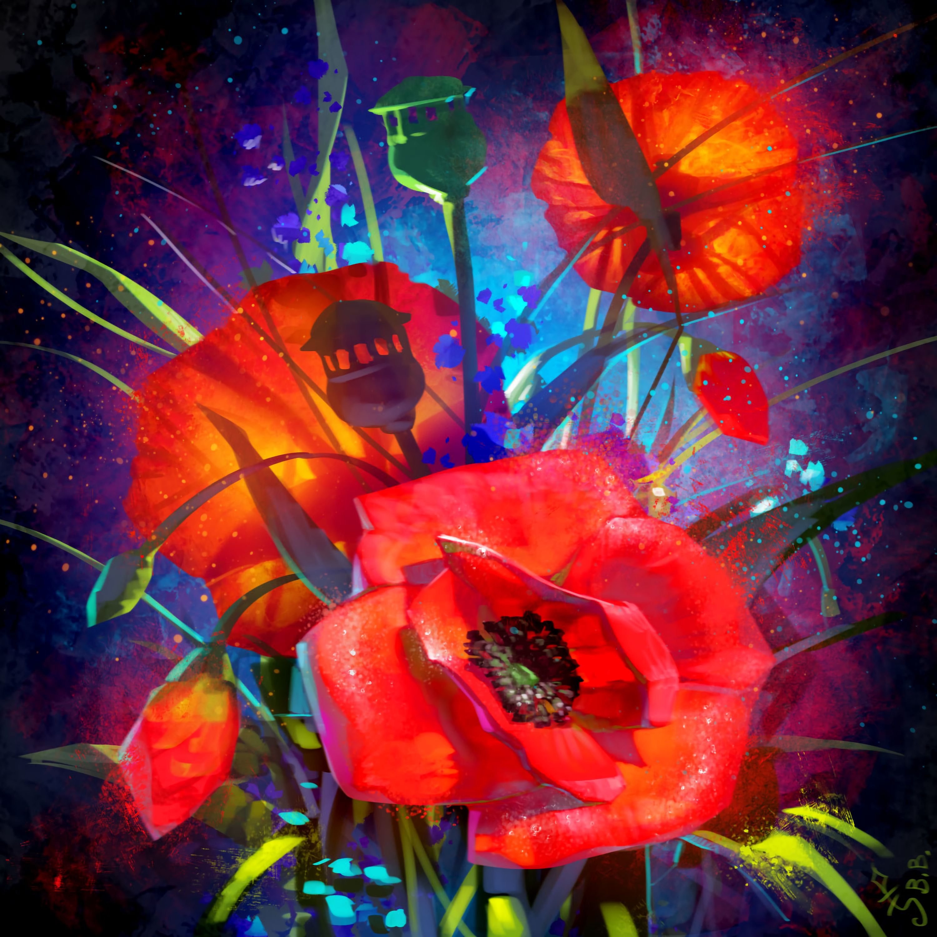 flowers, art, poppies, red, bouquet
