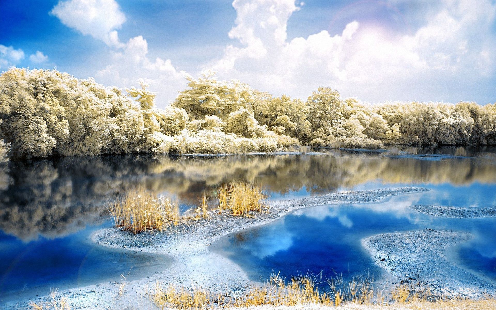 Free download wallpaper Sky, Colors, Color, Freshness, Nature, Rivers, Clouds, Forest, Landscape on your PC desktop