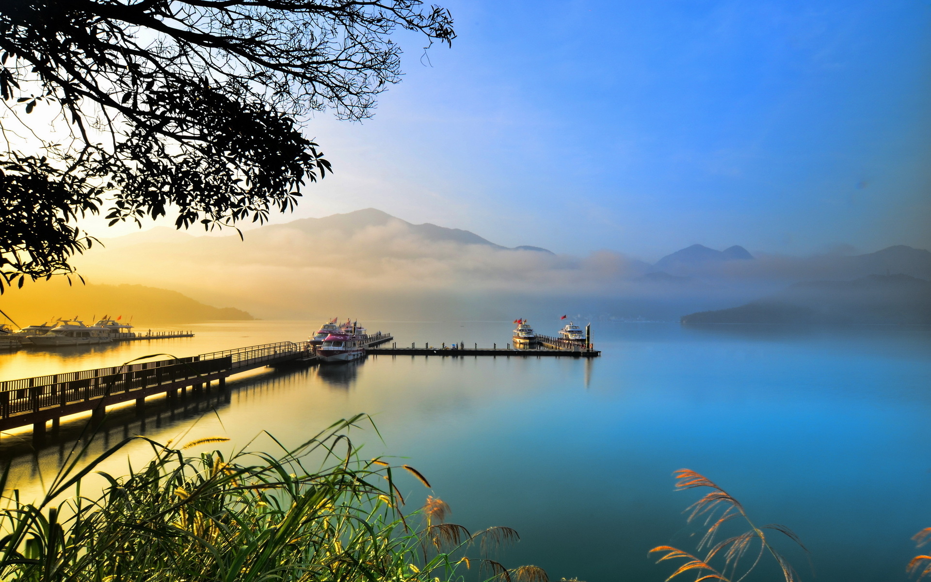 Free download wallpaper Sunset, Lake, Pier, Sunrise, Boat, Man Made on your PC desktop