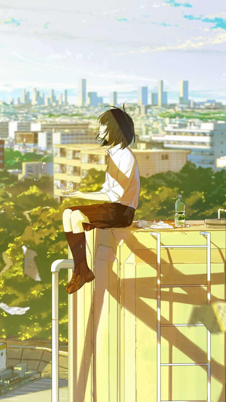 Download mobile wallpaper Anime, City, Cityscape, Skirt, Original, Brown Hair, Short Hair for free.