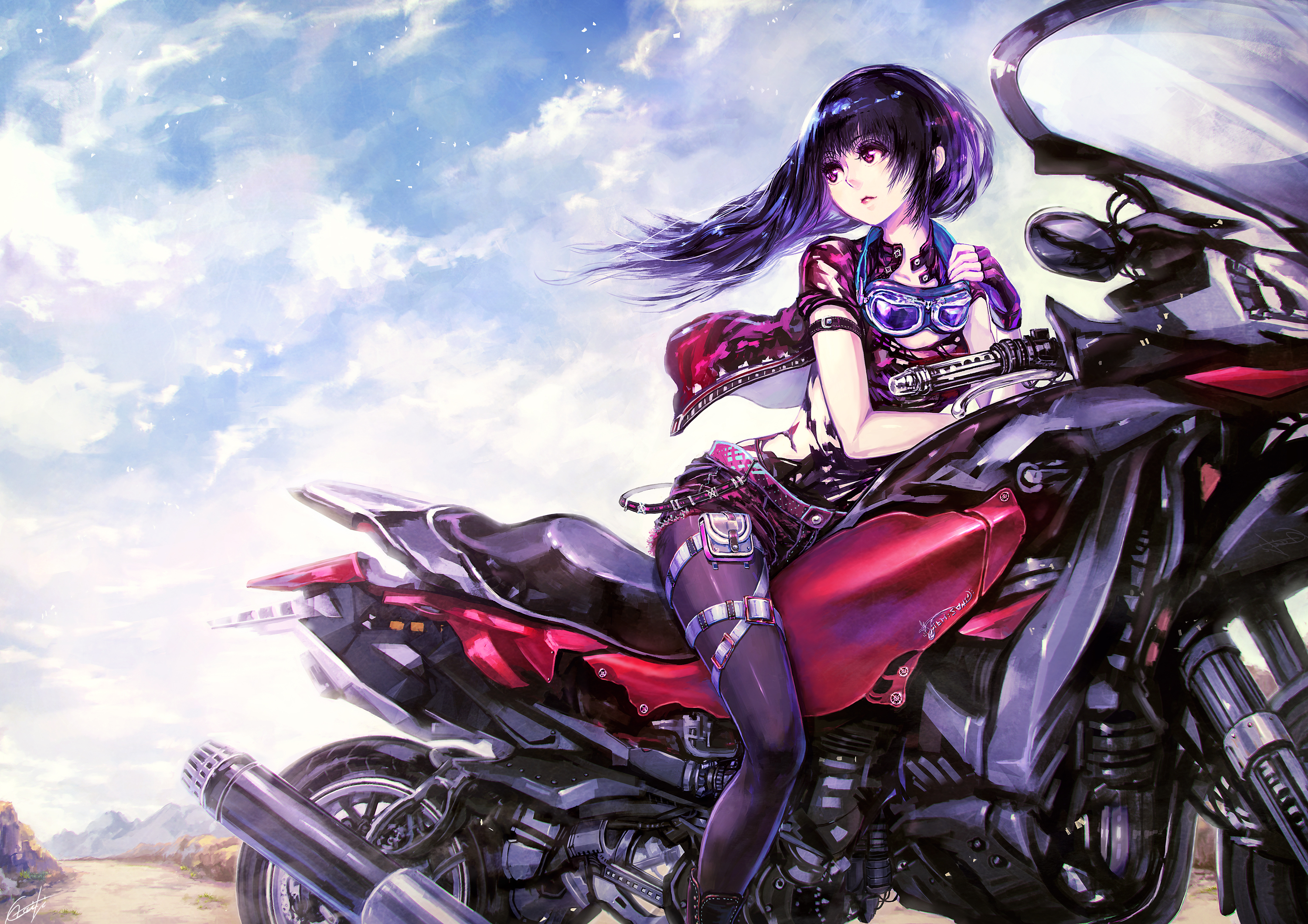 Download mobile wallpaper Anime, Motorcycle, Original, Purple Hair, Goggles, Pink Eyes for free.
