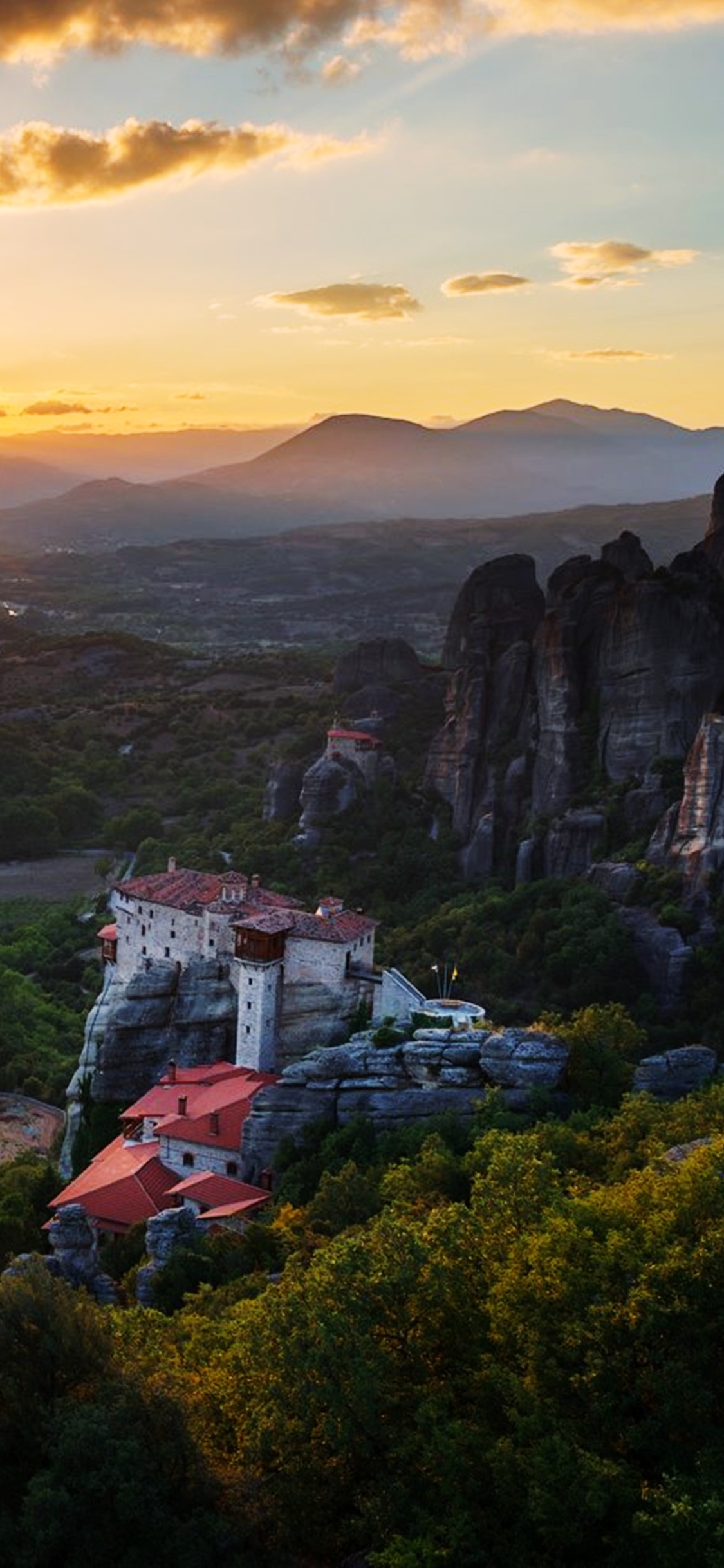 Download mobile wallpaper Landscape, Nature, Sunset, Mountain, House, Meteora, Greece, Religious for free.