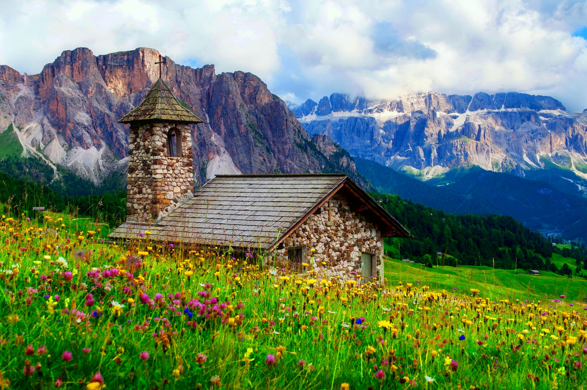 religious, chapel, church, field, flower, mountain, stone