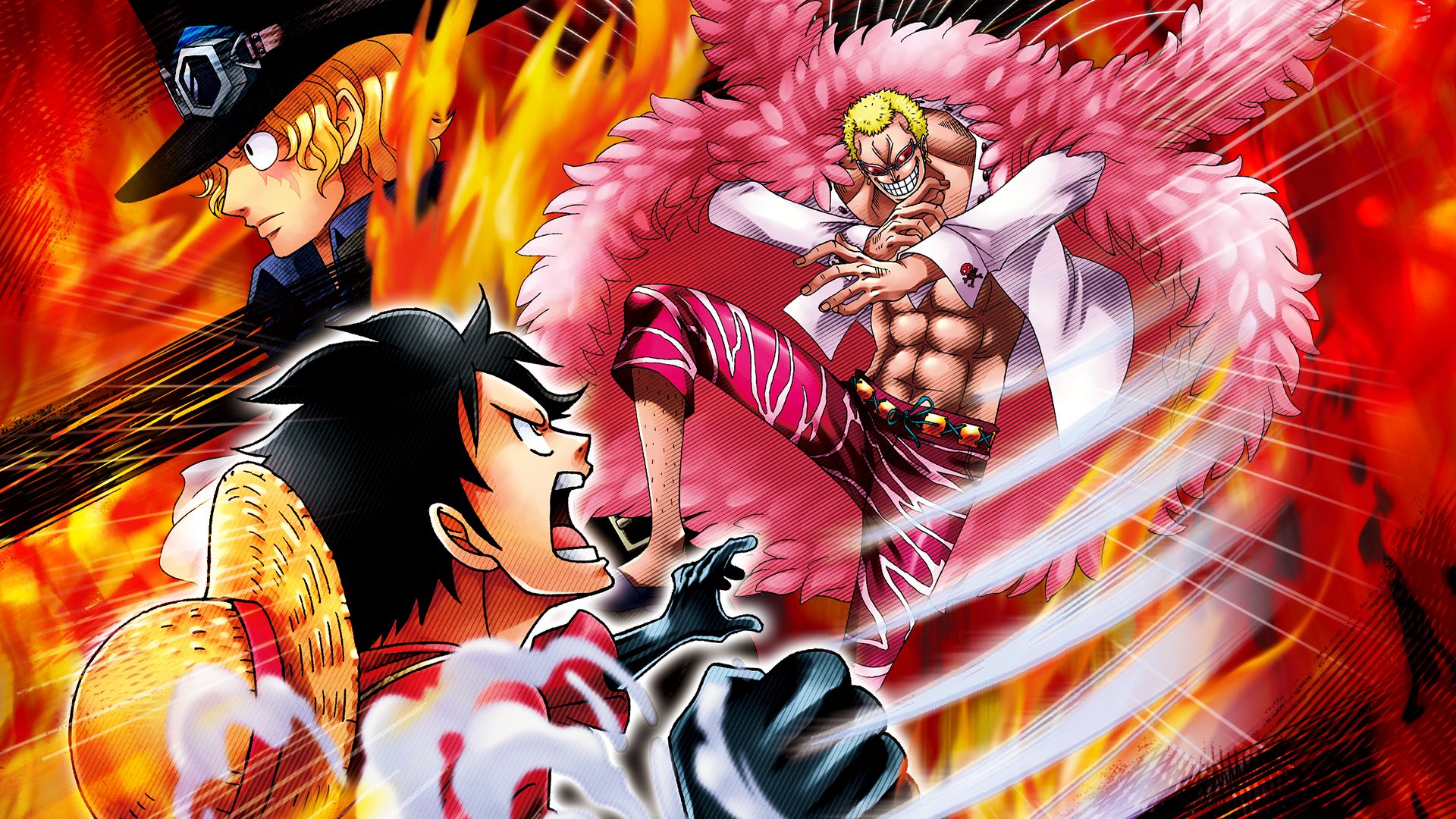 Handy-Wallpaper Animes, One Piece, Affe D Luffy, Donquijote Doflamingo, Sabo (Einteiler) kostenlos herunterladen.