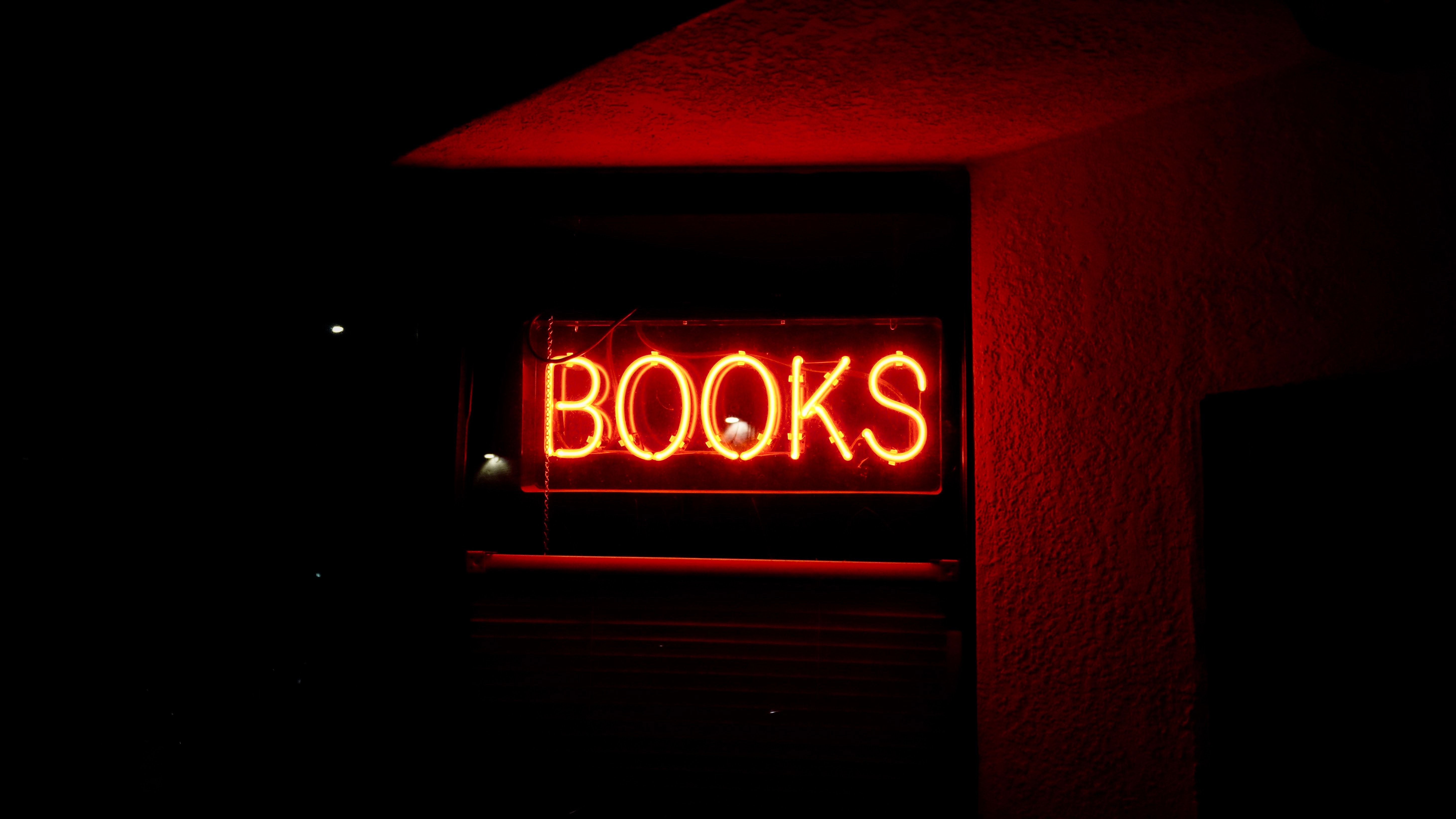 text, books, neon, red, words, sign, signboard