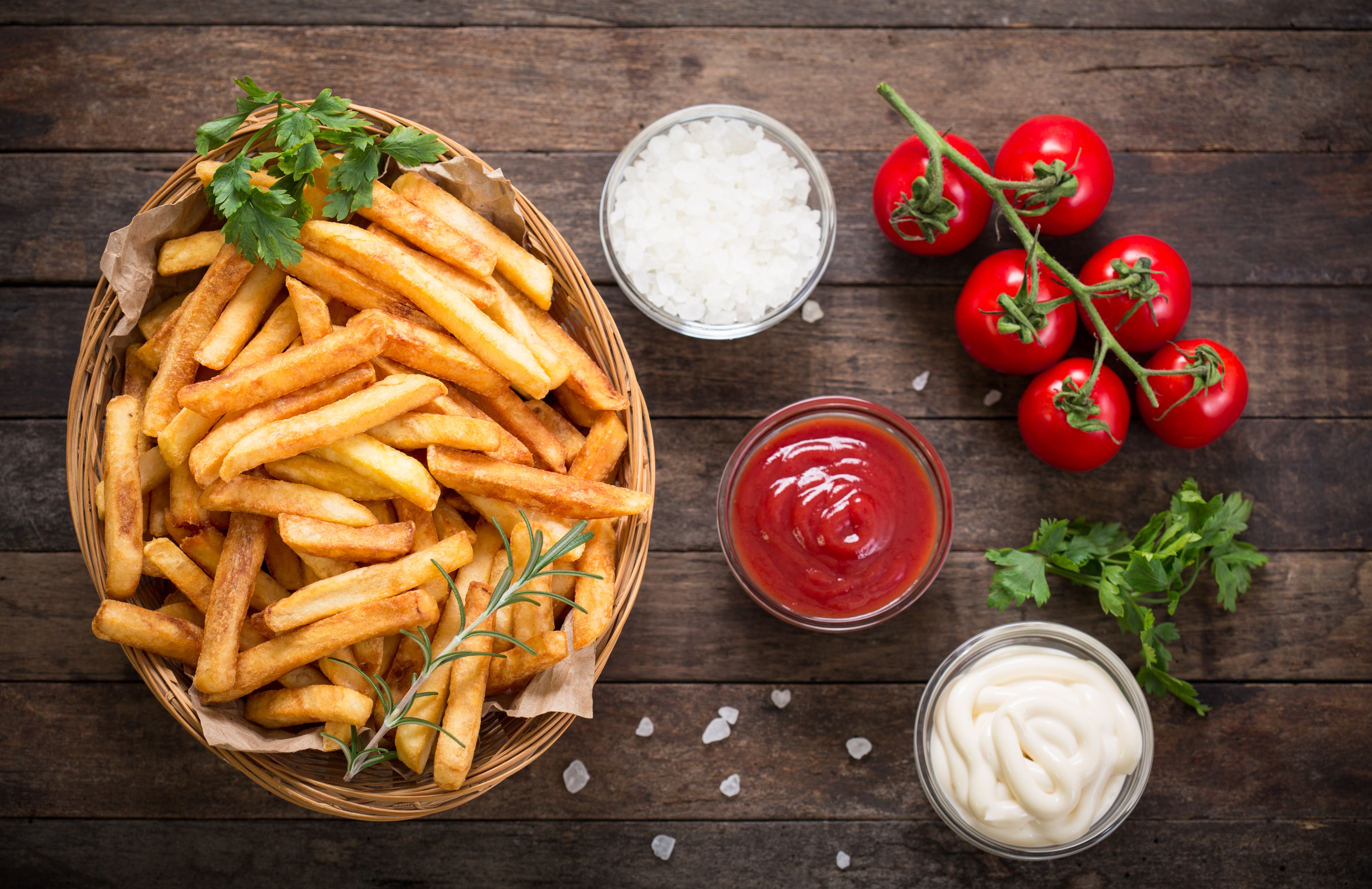 Download mobile wallpaper Food, Still Life, Tomato, French Fries for free.