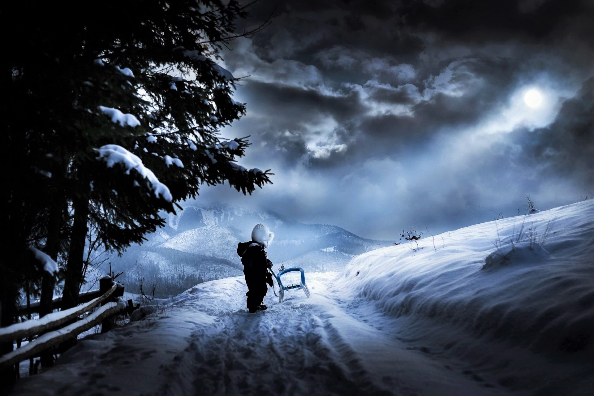 fantasy, child, alone, little boy, night, sled, snow, winter