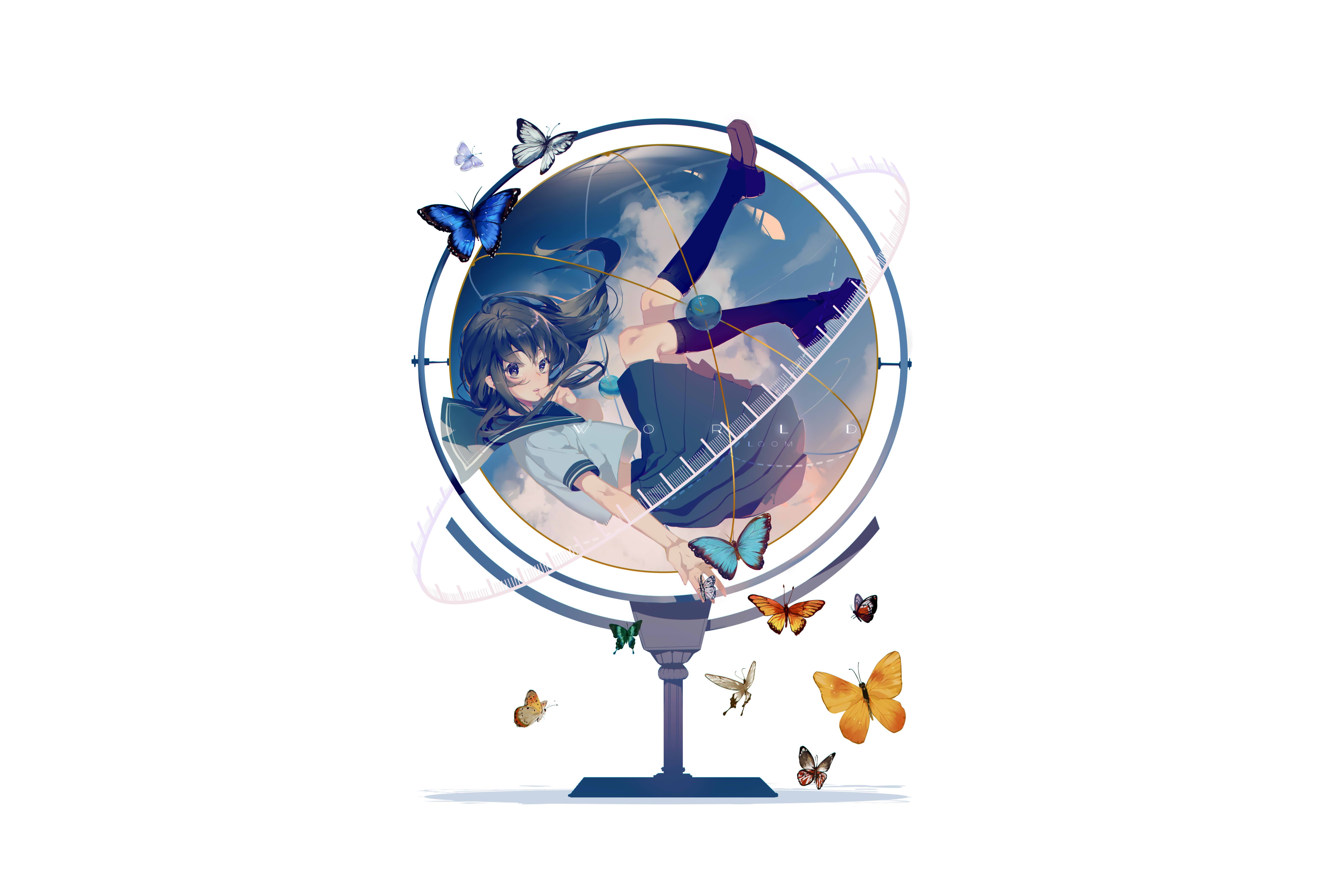 Horizontal Wallpaper anime, original, black hair, butterfly, globe, long hair, school uniform