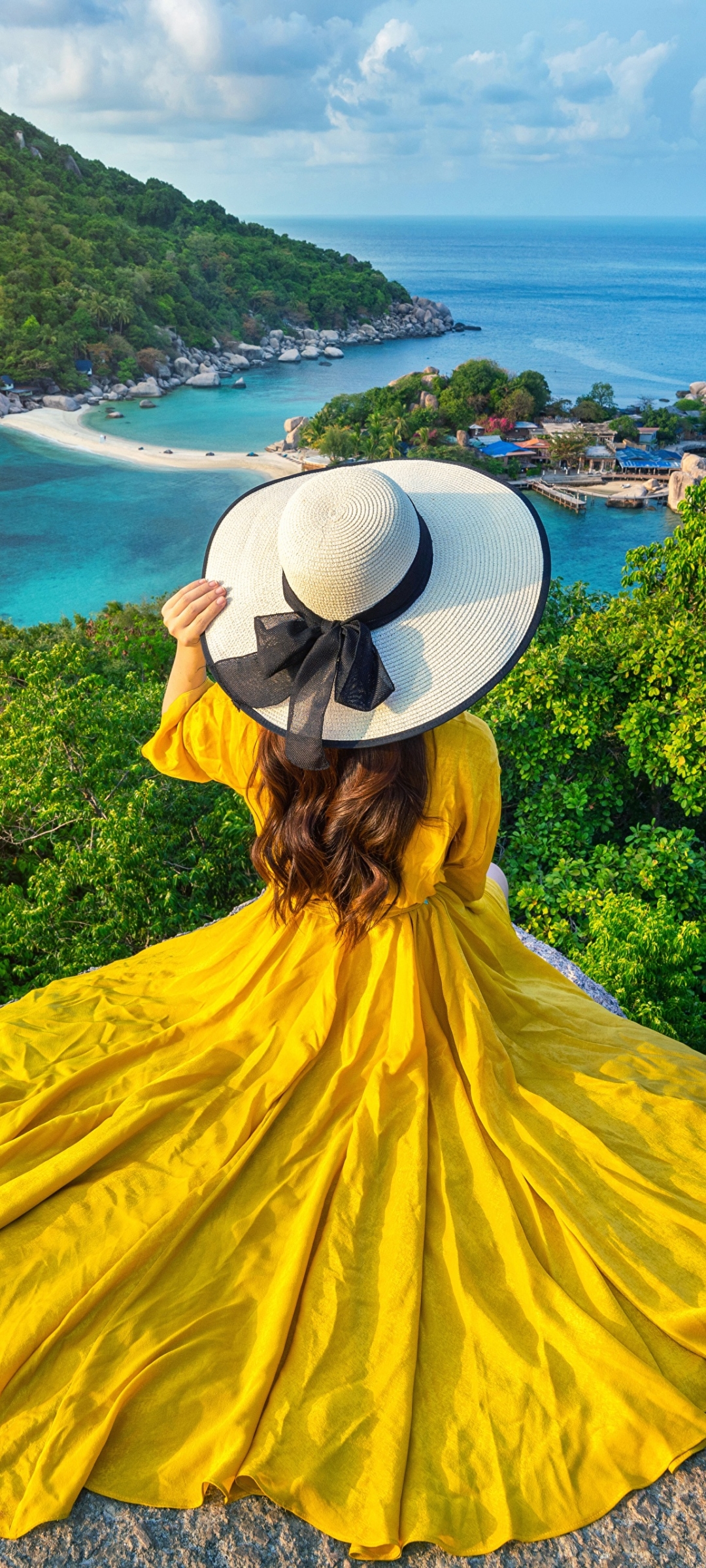 Download mobile wallpaper Rear, Hat, Thailand, Women, Yellow Dress for free.