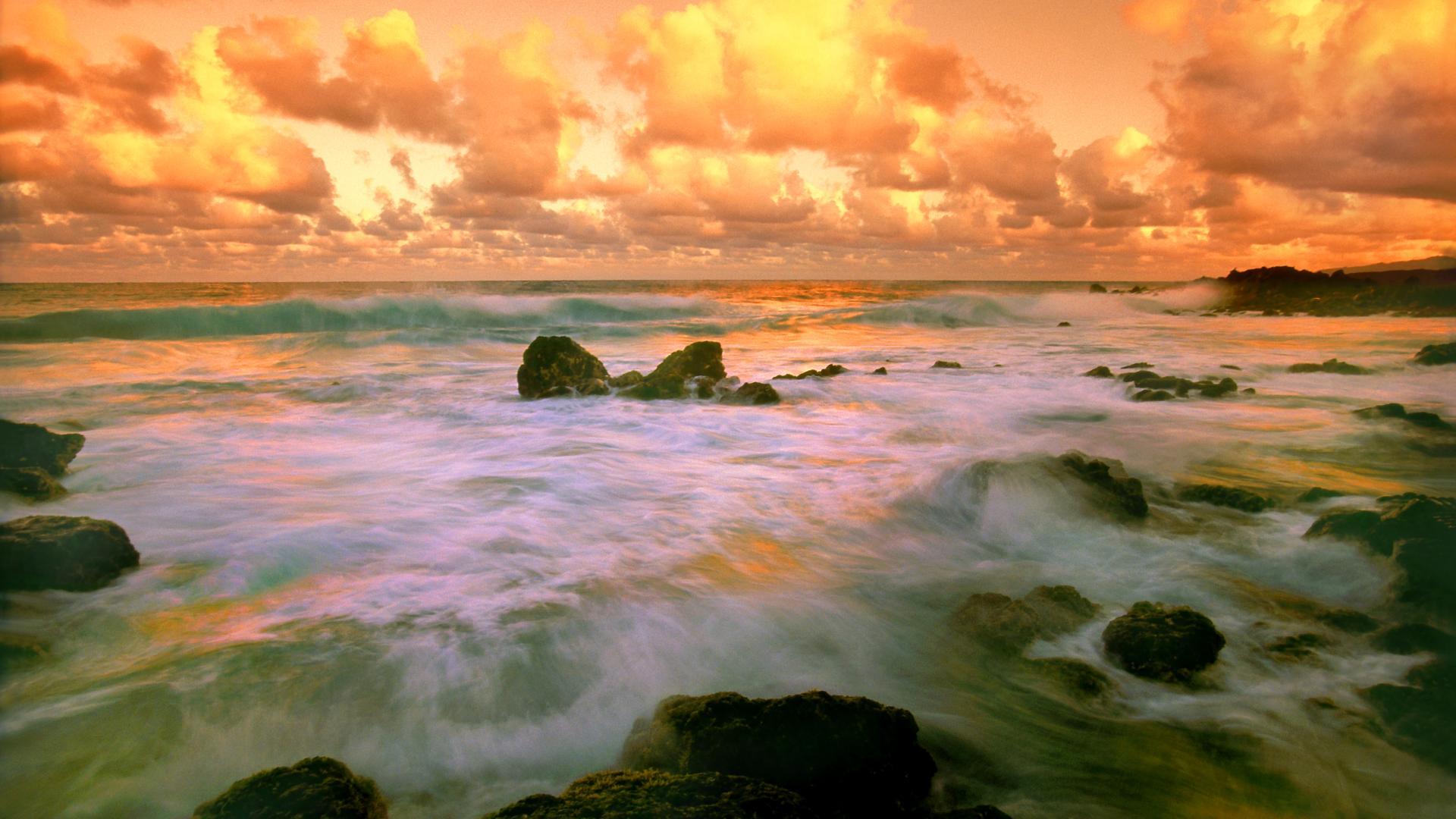 Laden Sie das Horizont, Ozean, Wolke, Hawaii, Himmel, Sonnenuntergang, Erde/natur, Orange Farbe)-Bild kostenlos auf Ihren PC-Desktop herunter