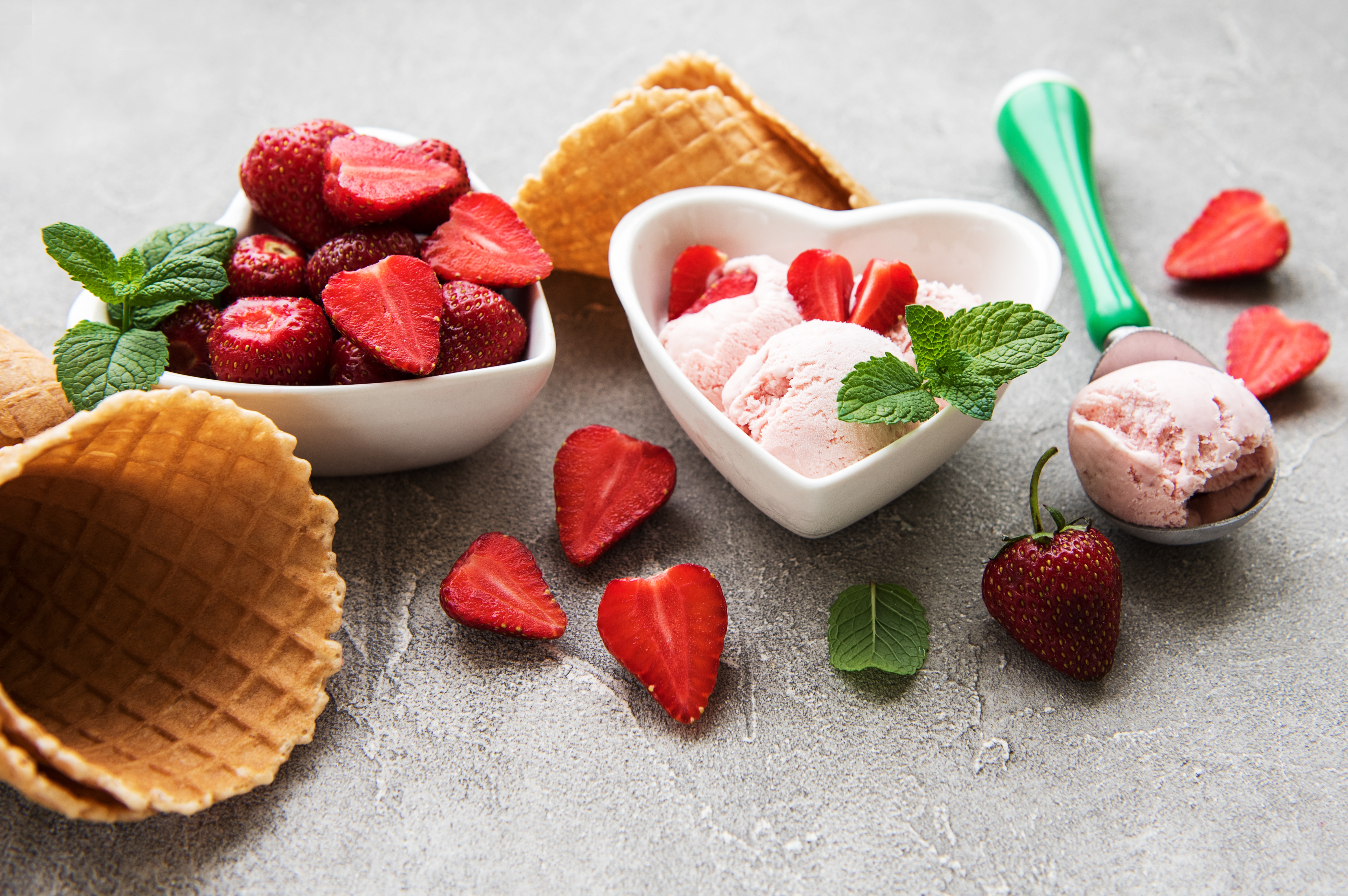 Download mobile wallpaper Food, Strawberry, Ice Cream, Still Life, Berry, Fruit, Waffle Cone for free.