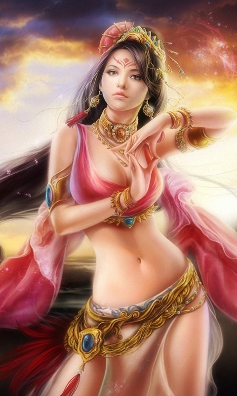 Download mobile wallpaper Fantasy, Pink, Jewelry, Brunette, Women, Scarf for free.
