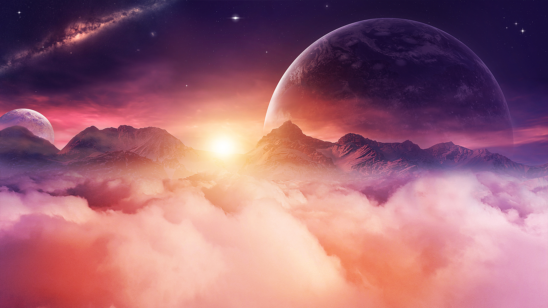 Free download wallpaper Landscape, Sunset, Sky, Moon, Mountain, Galaxy, Planet, Sci Fi, Cloud, Sunbeam on your PC desktop