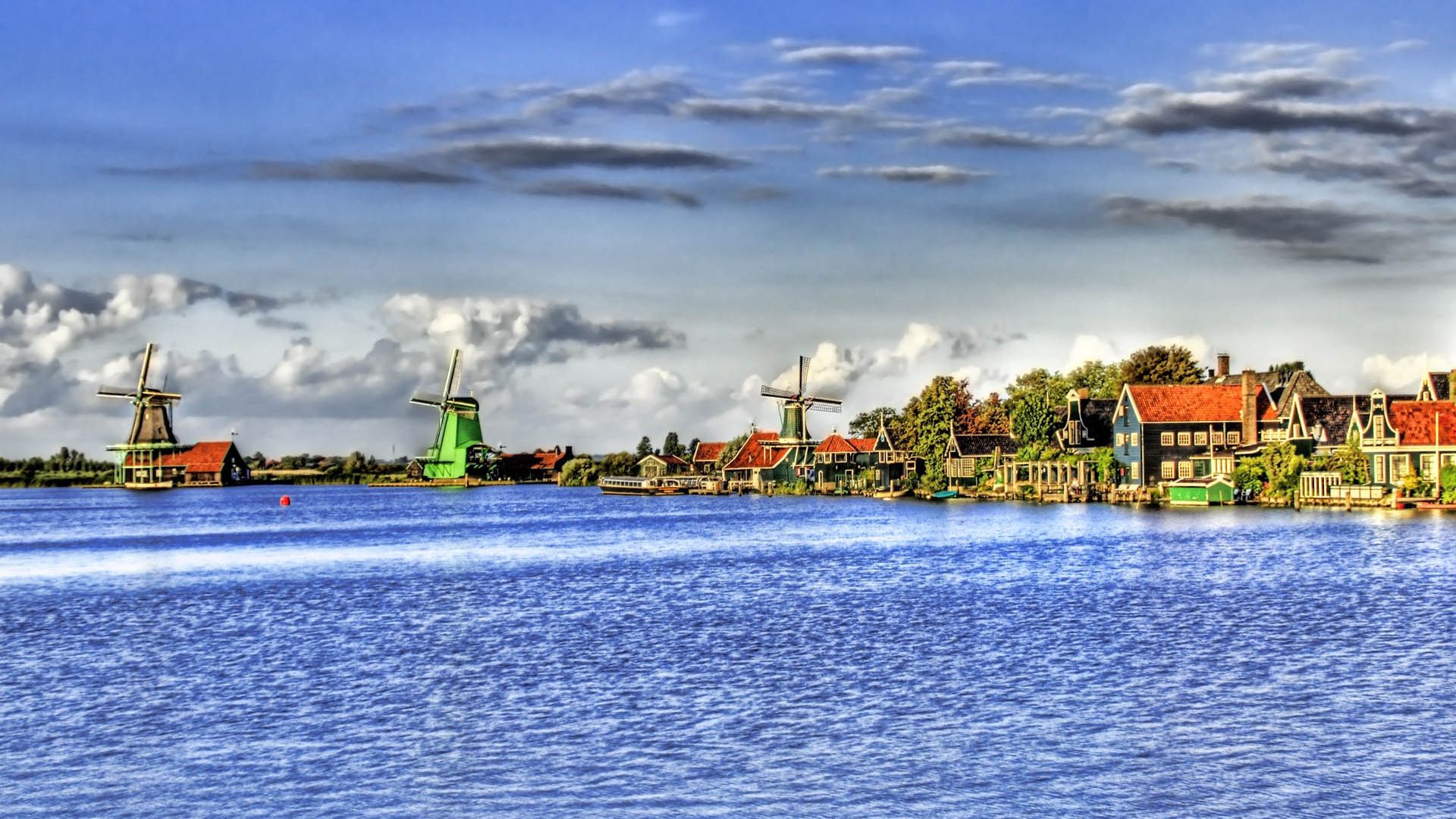 cities, rivers, sky, shore, bank, hdr, mill