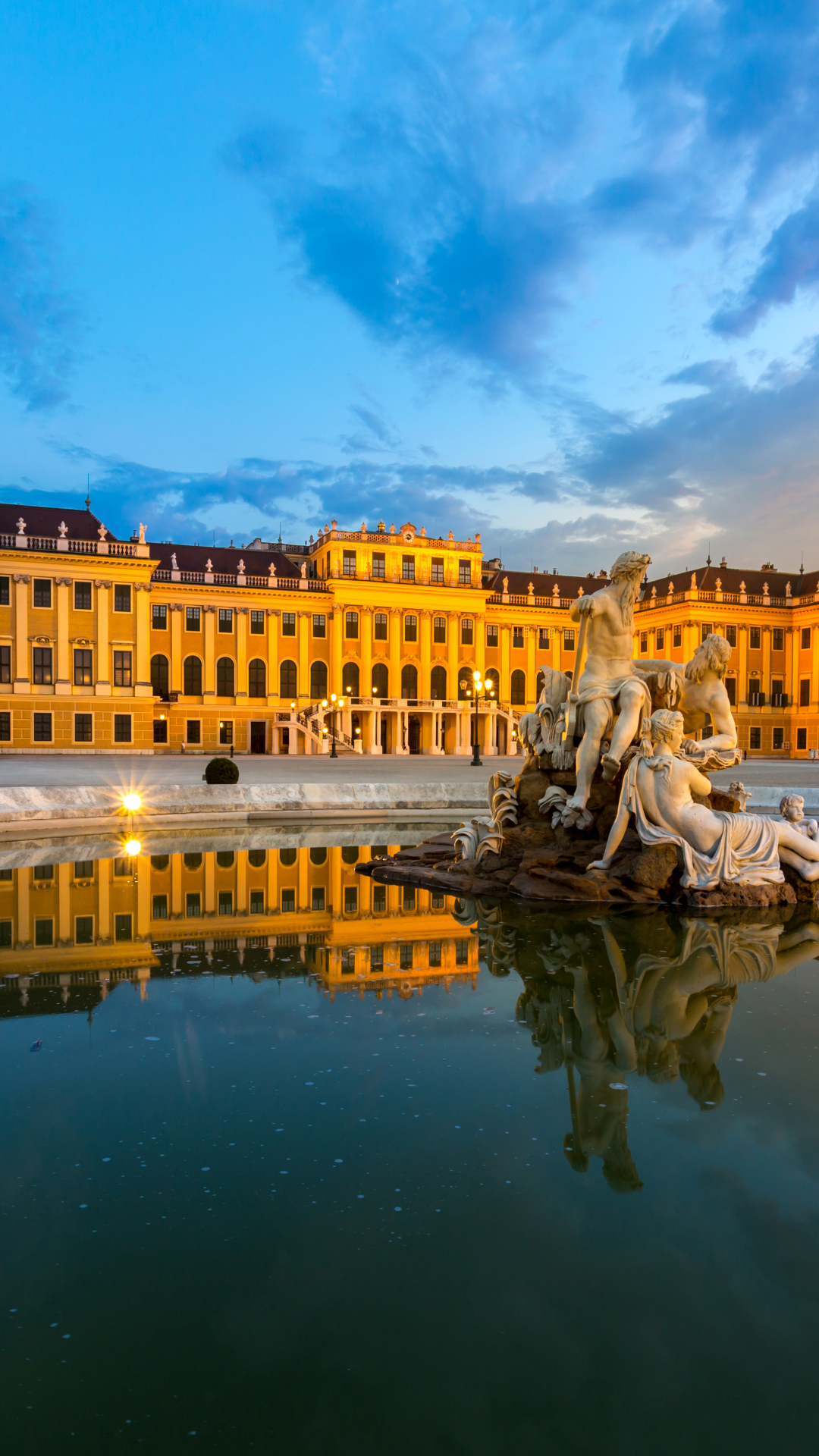 Download mobile wallpaper Building, Reflection, Austria, Statue, Vienna, Man Made, Schönbrunn Palace, Palaces for free.