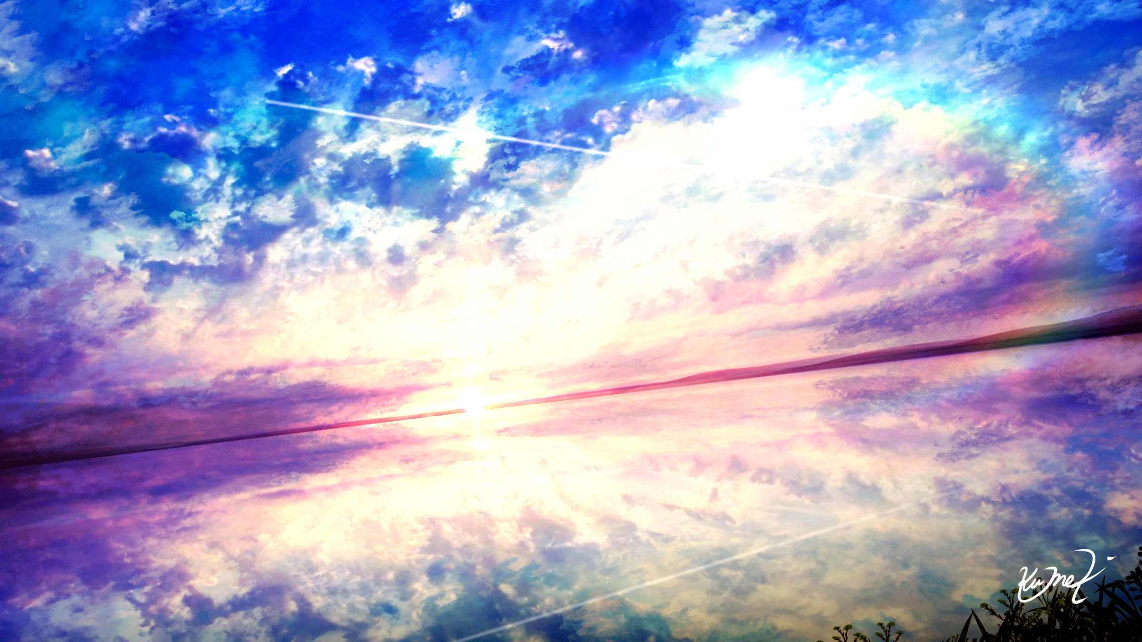 Скачать обои бесплатно Аниме, Небо, Облака, Океан, Закат Солнца картинка на рабочий стол ПК